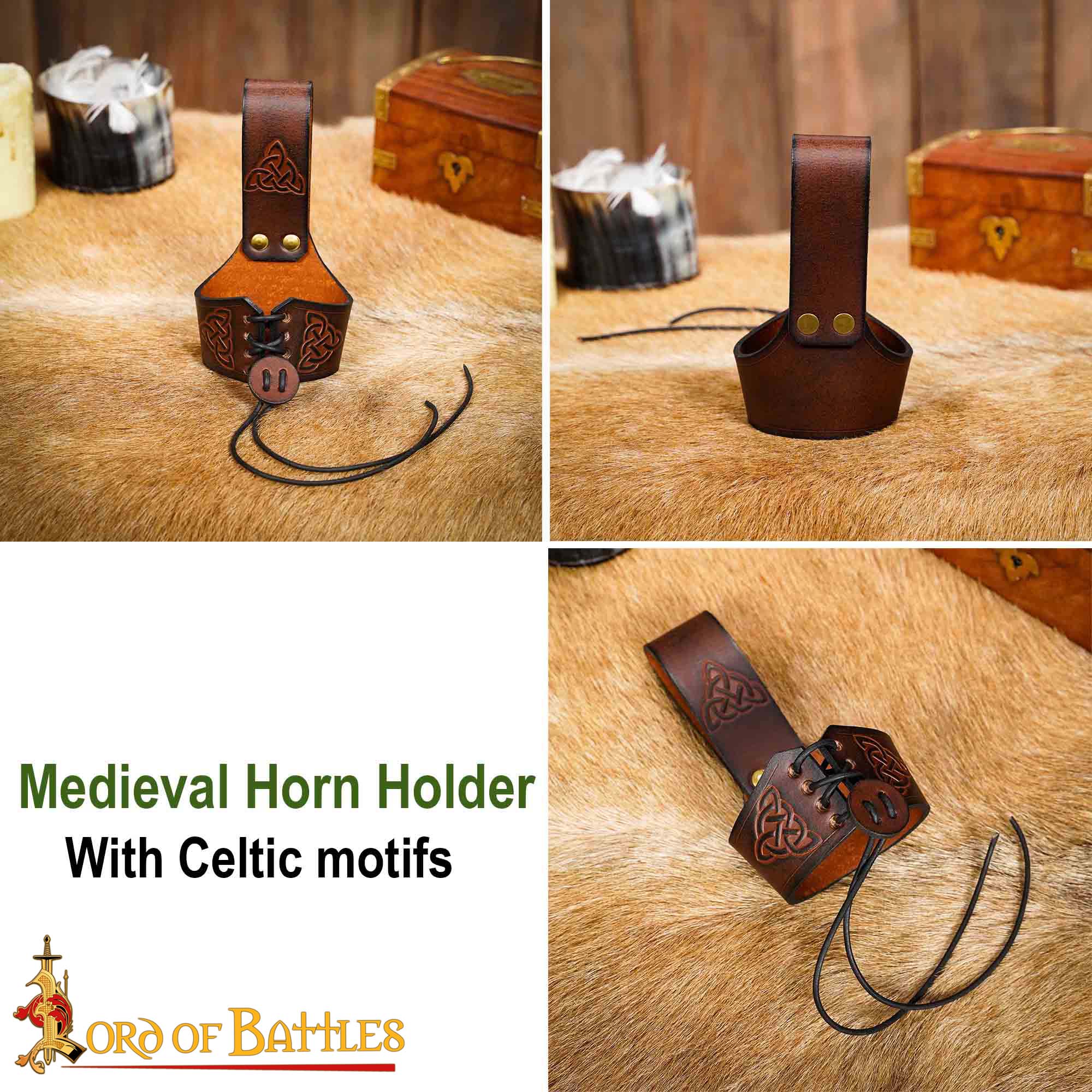12th–14th Century Medieval Leather Drinking Horn Holder – Celtic Knot Belt Frog-26087BRS 7 horn holder
