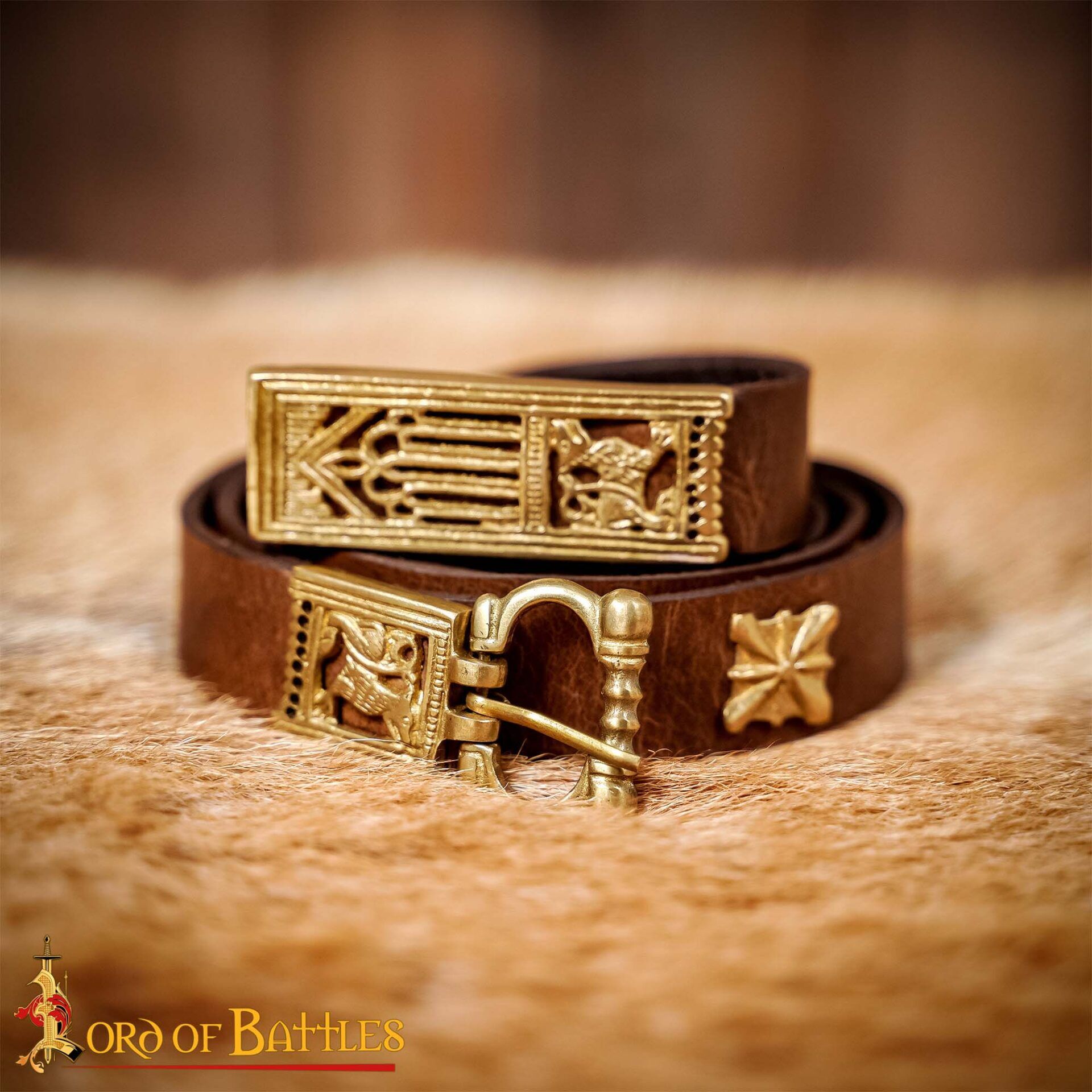 13th Century Leather Belt with Ornate Brass Crusader Fittings-25268CBR Medieval Leather Belt