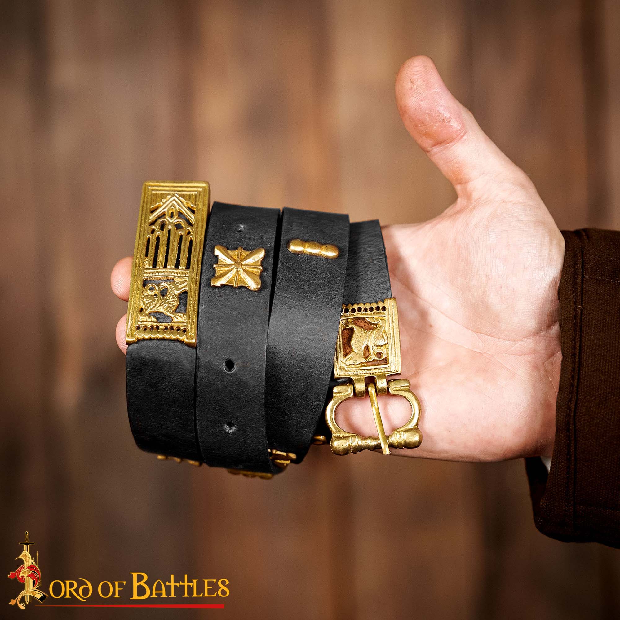13th Century Leather Belt with Ornate Brass Crusader Fittings-25268BK 4 Medieval Leather Belt