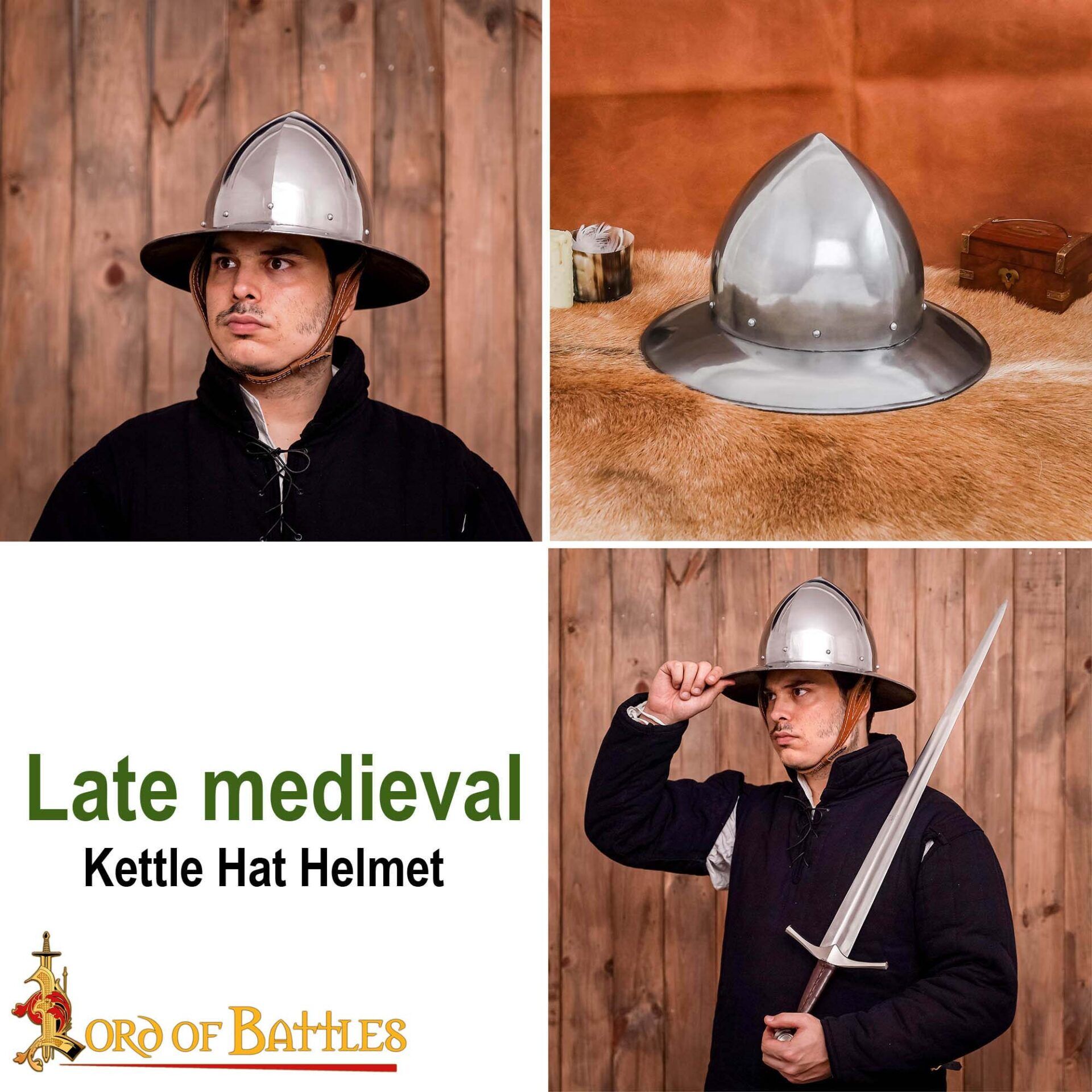 14th Century Kettle Hat – Hand-Made 16 Gauge Polished Steel Helmet with Leather Suspension Kettle Hat