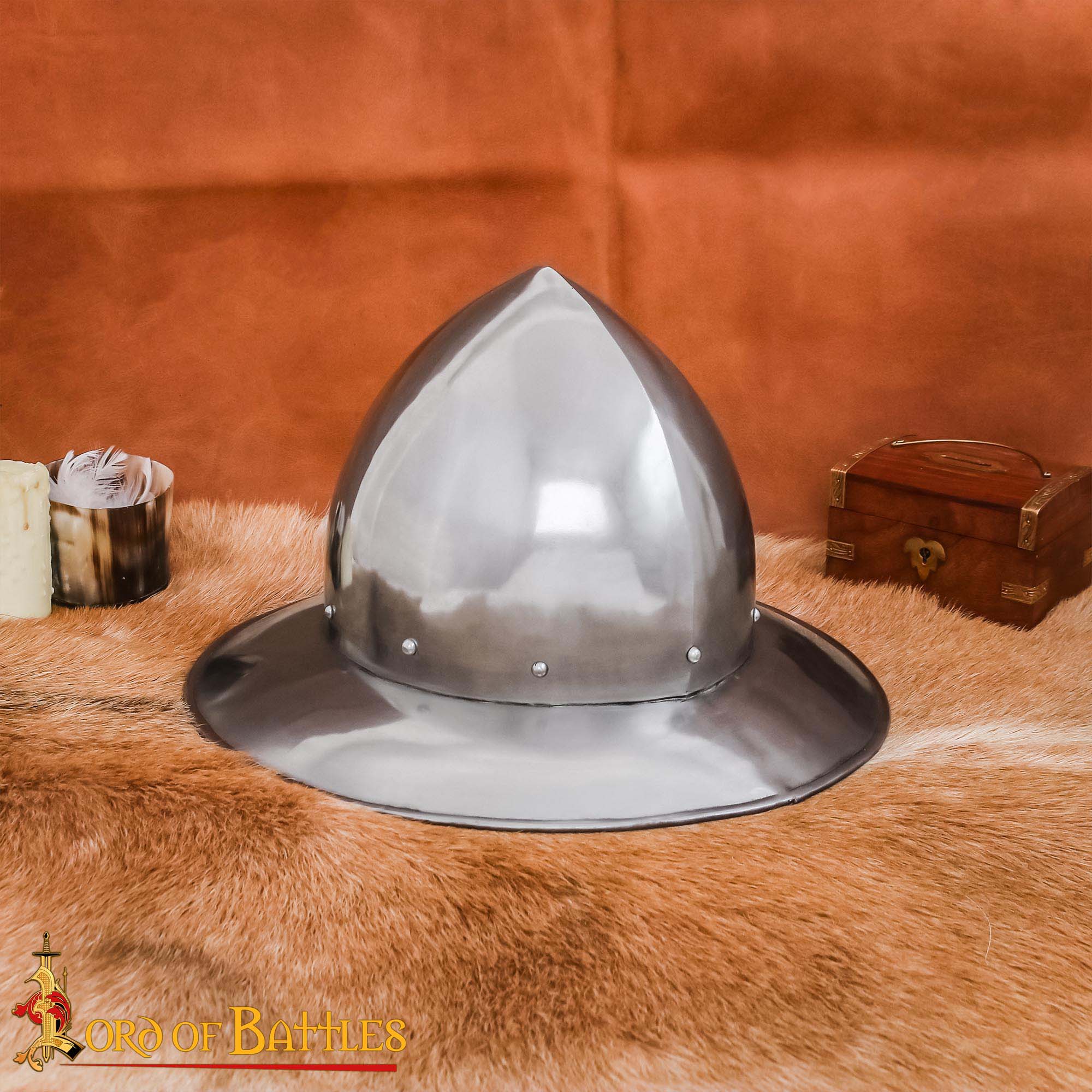 14th Century Kettle Hat – Hand-Made 16 Gauge Polished Steel Helmet with Leather Suspension Kettle Hat