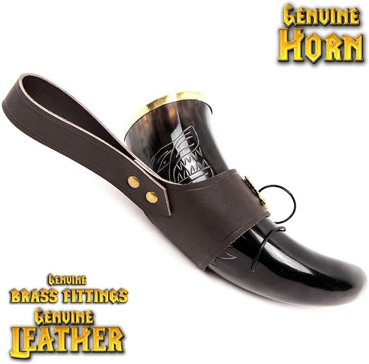 Mythrojan THE KING OF THE NORTH Drinking Horn with Brown Leather holder 300ml Mythrojan THE KING OF THE NORTH Drinking Horn with Brown Leather holder 300ml