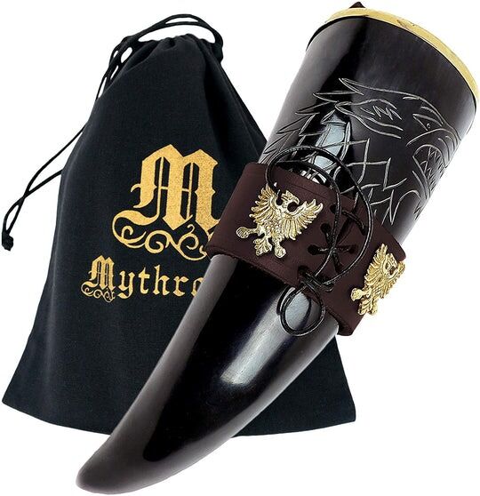 Mythrojan THE KING OF THE NORTH Drinking Horn with Brown Leather holder 300ml Norse Drinking Horn