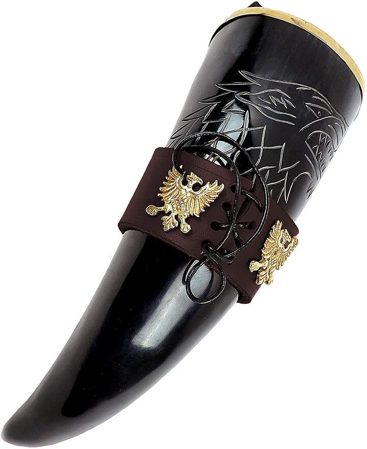 Mythrojan THE KING OF THE NORTH Drinking Horn with Brown Leather holder 300ml Mythrojan THE KING OF THE NORTH Drinking Horn with Brown Leather holder 300ml