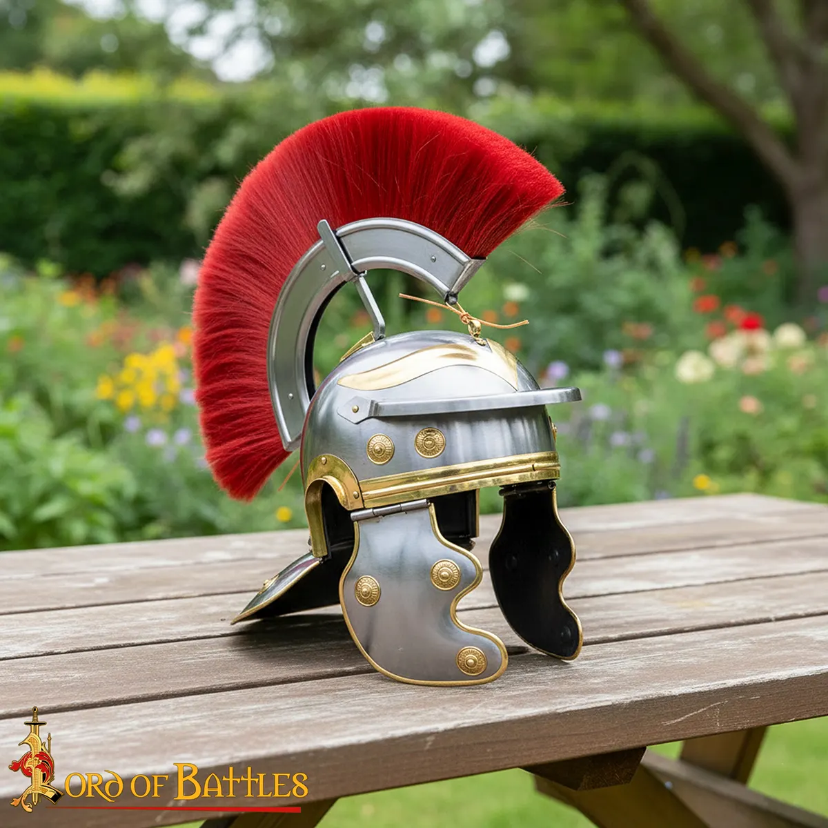 Traditionally Handcrafted 1st Century Roman Imperial Gallic Helmet with Red Crest – Polished Steel and Brass - Image 2