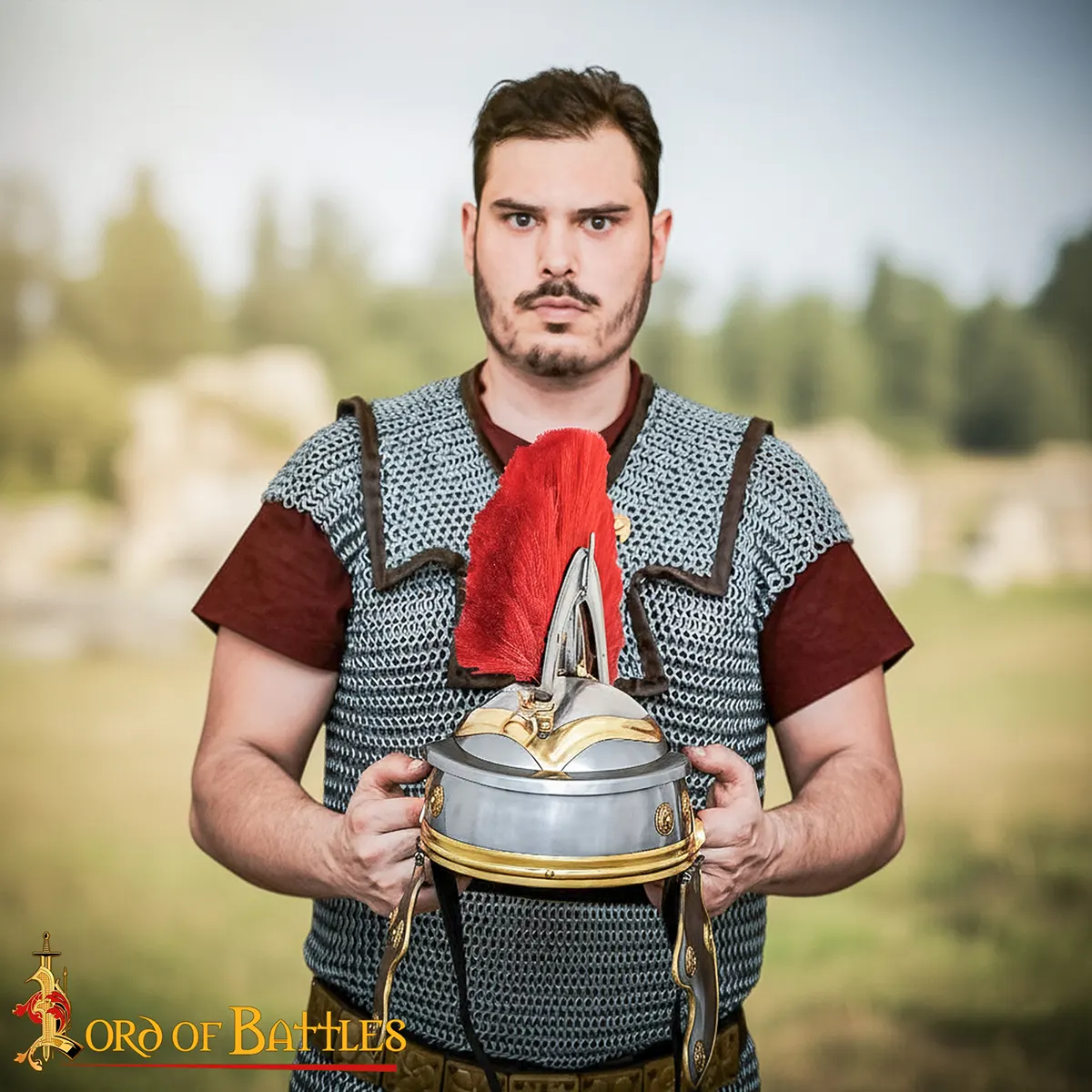 Traditionally Handcrafted 1st Century Roman Imperial Gallic Helmet with Red Crest – Polished Steel and Brass - Image 4