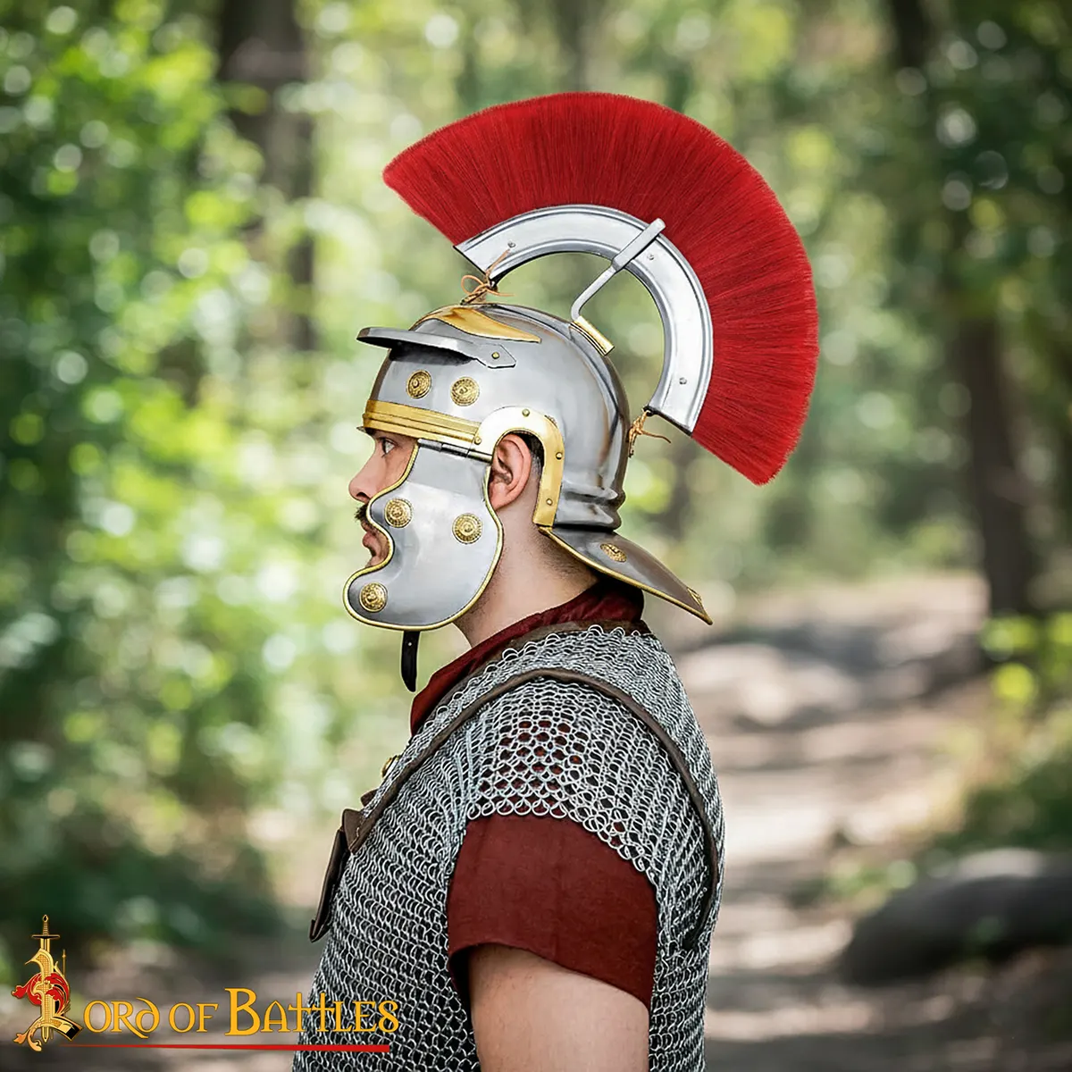 Traditionally Handcrafted 1st Century Roman Imperial Gallic Helmet with Red Crest – Polished Steel and Brass - Image 5