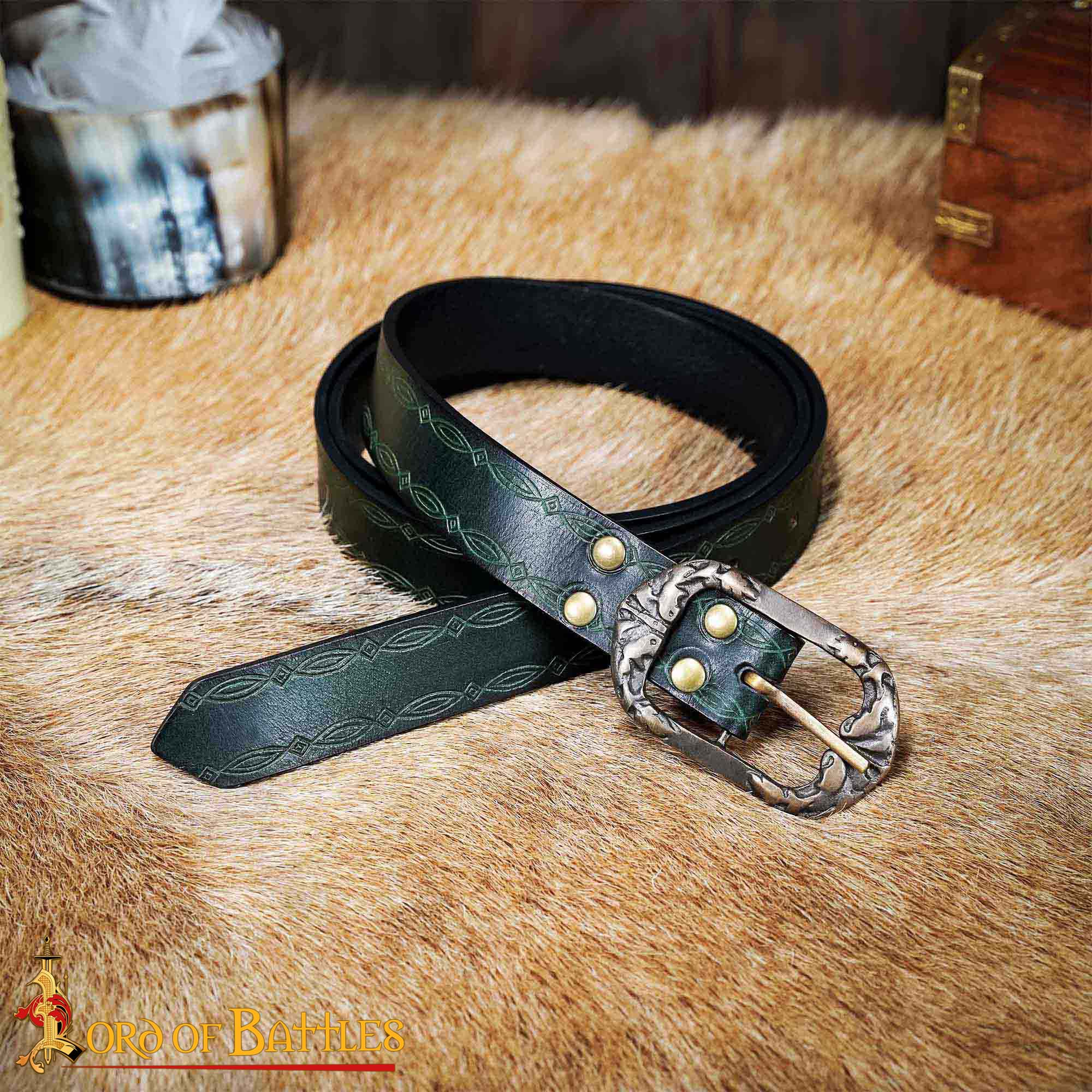 13th–15th Century Medieval Green Leather Belt with Brass Buckle – Embossed Historical Waist Belt for Reenactment and Costume Accessories-26064GR Genuine Leather Belt