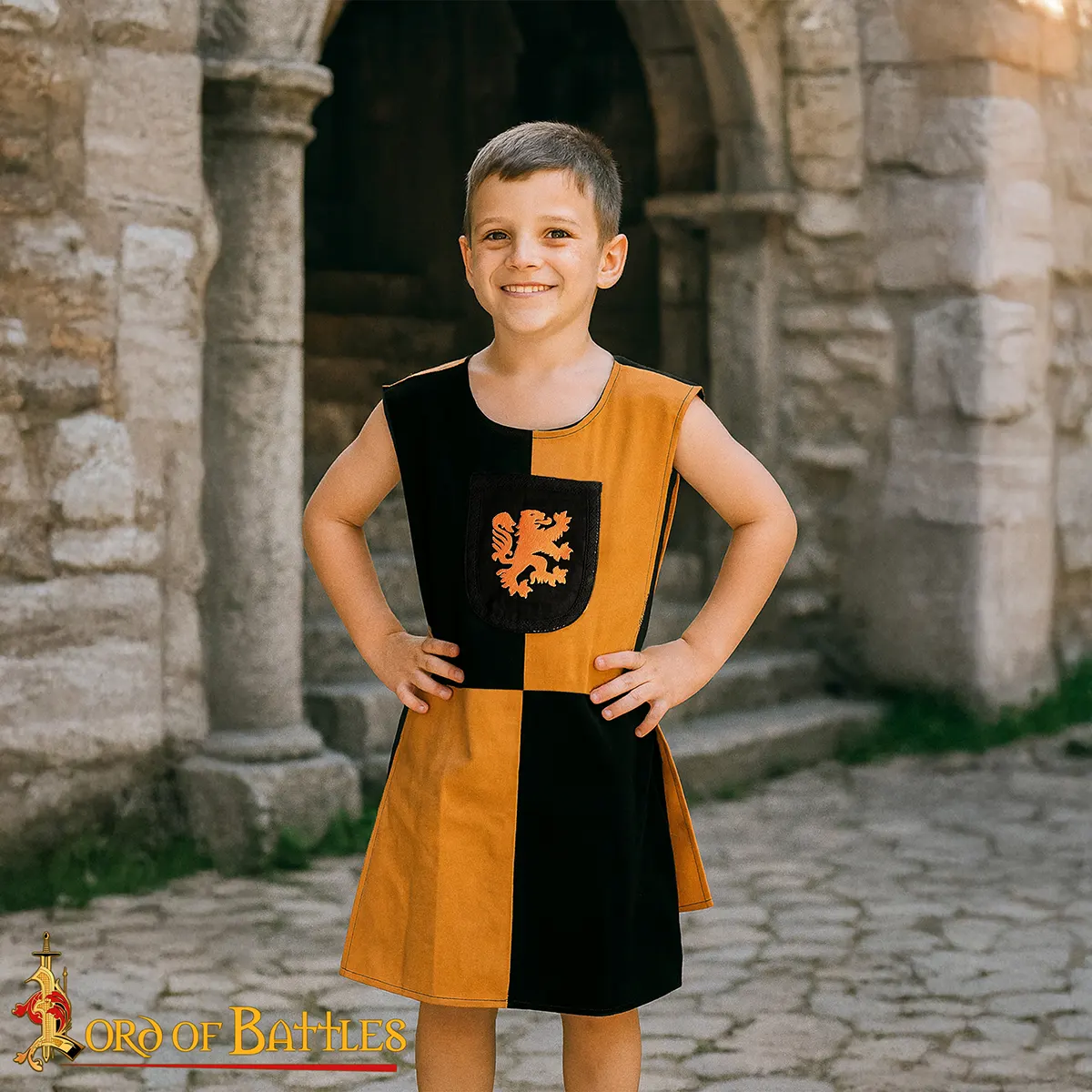 Medieval Kids Tabard with Embroidered Lion Crest Tunic – Black & Yellow Tunic for LARP, Fairs & Costume Play - Image 6