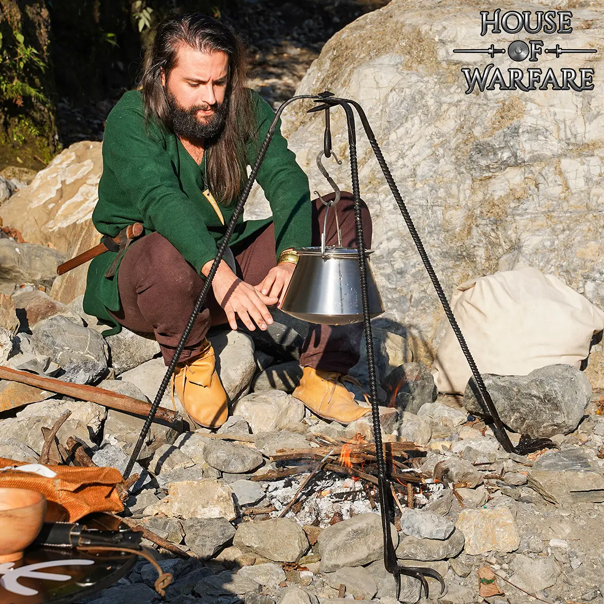 Medieval Three-Legged Iron Tripod Stand Hand-Forged Outdoor Rustic Campfire Cooking Gear - Image 2