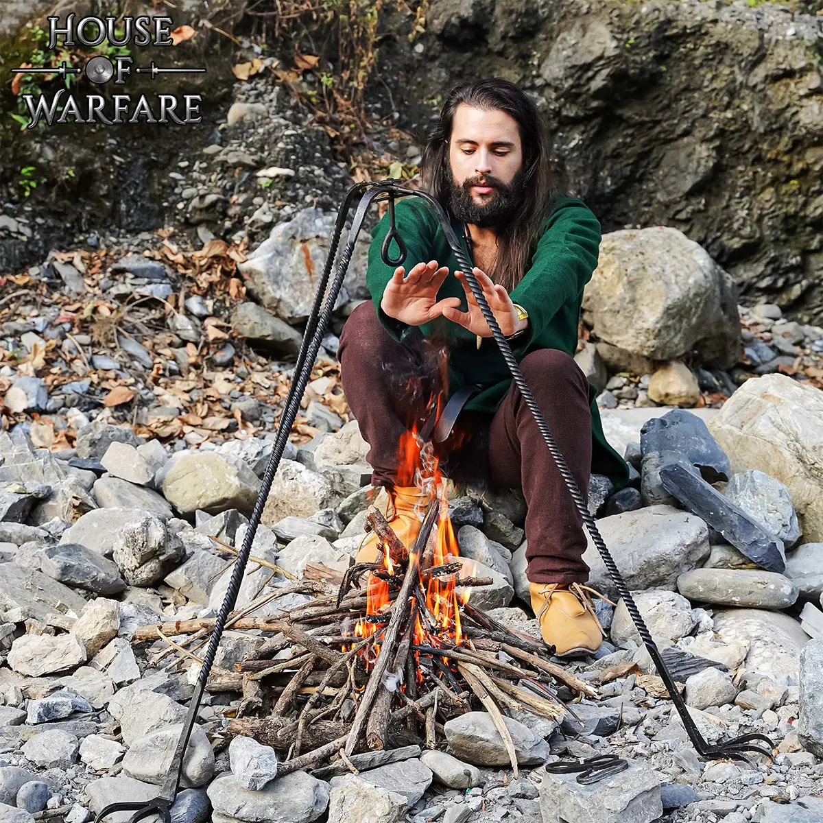 Medieval Three-Legged Iron Tripod Stand Hand-Forged Outdoor Rustic Campfire Cooking Gear - Image 5