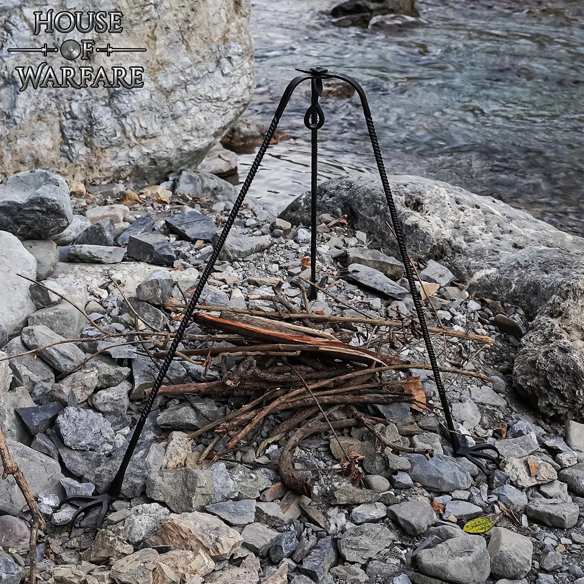 Medieval Three-Legged Iron Tripod Stand Hand-Forged Outdoor Rustic Campfire Cooking Gear - Image 8