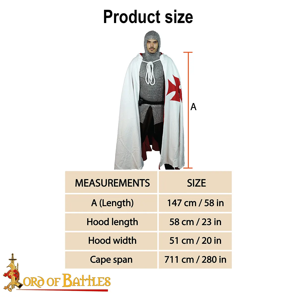 Medieval Crusader Hooded Cape with Red Cross - Image 3