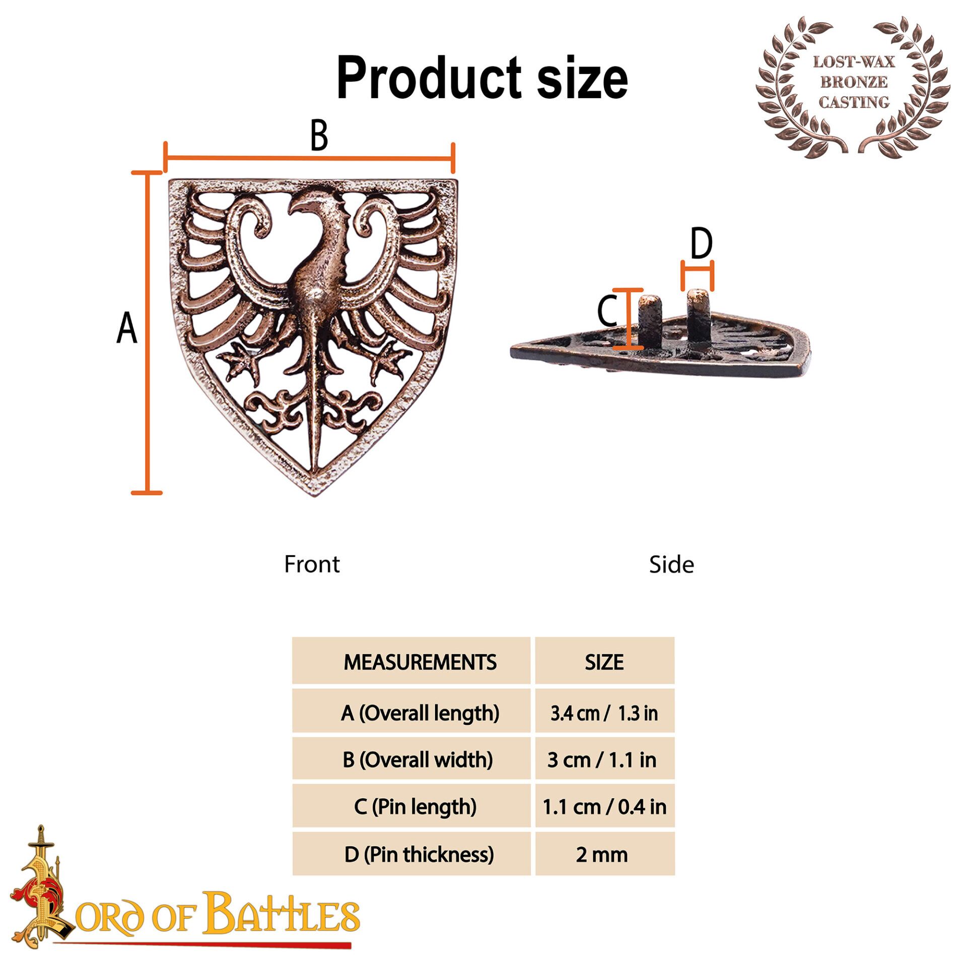 13th Century Antique Bronze Heraldic Eagle Shield Brooch-26432BZAT 2 Lost Wax Cast