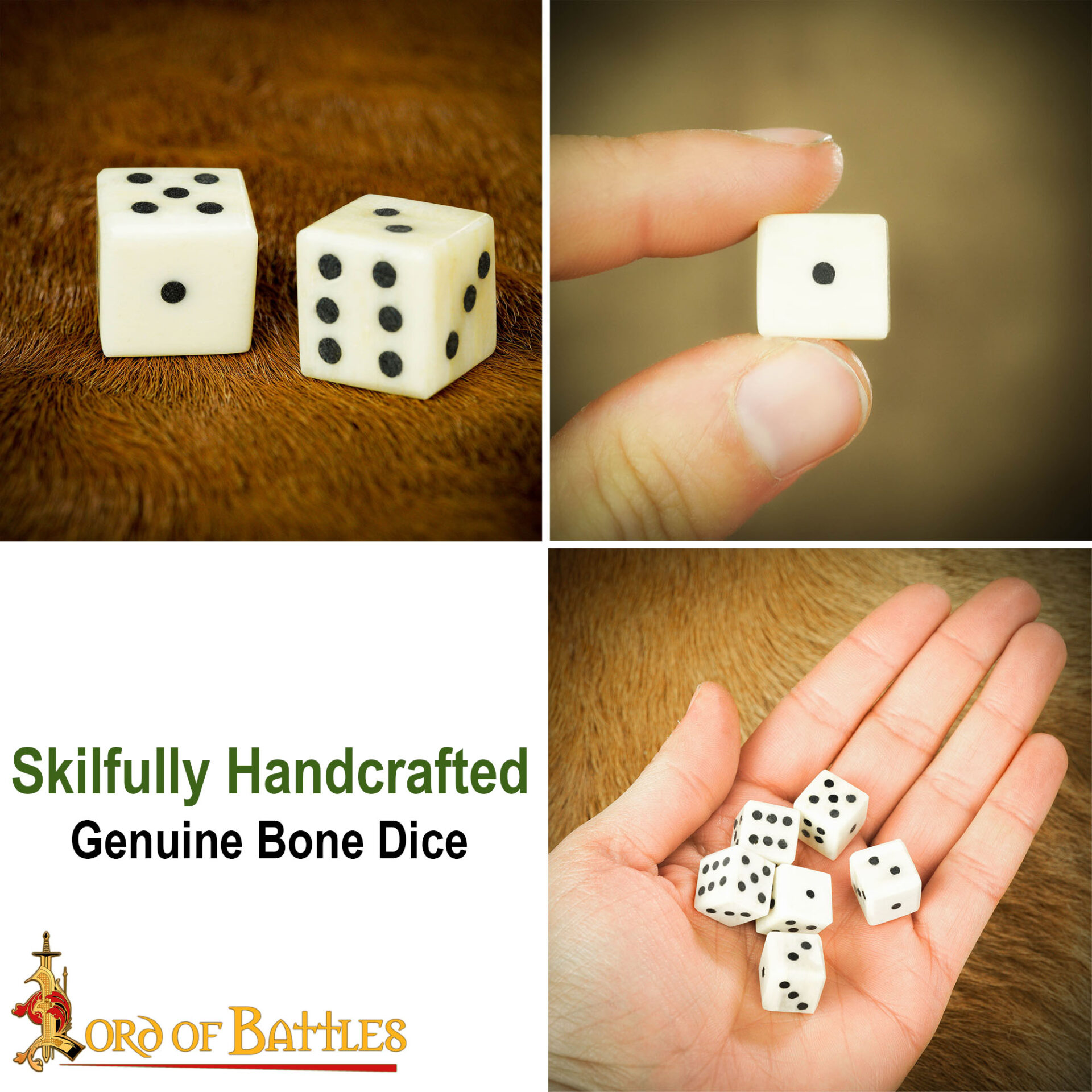 Medieval Bone Dice – Handcrafted Set of 6 (Ox Bone, 1.2 cm) Bone Dice