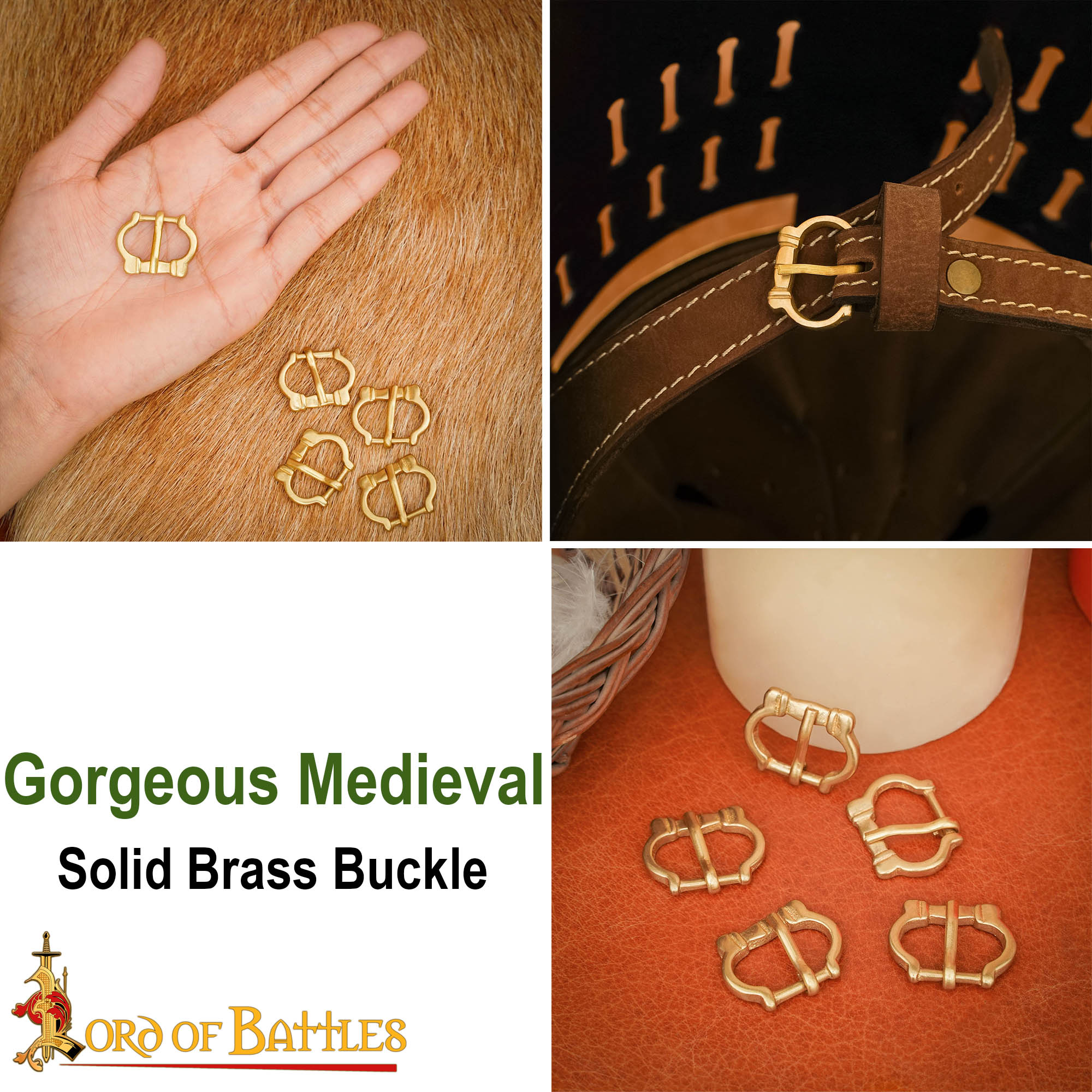 Miniature Medieval Brass Buckles Set of 5 Hand crafted 13th–14th Century Style Fasteners , 1 cm Straps Brass Belt Buckles