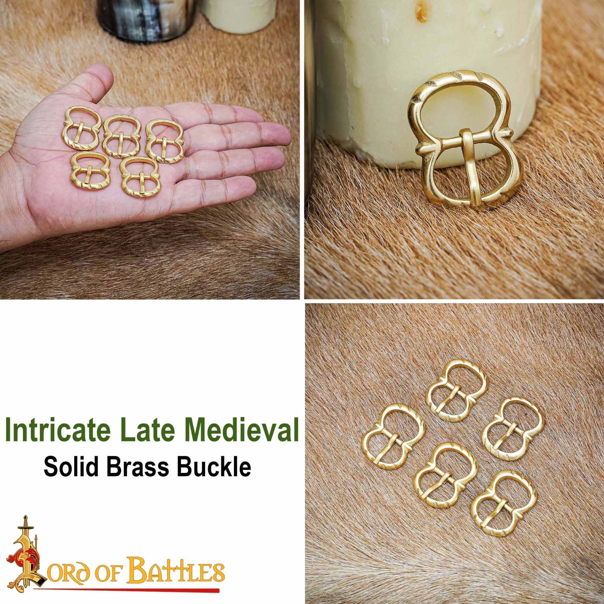 15th Century Medieval Solid Brass Double-Loop Buckles-8909-5pcs 6 Medieval Brass Buckle Set