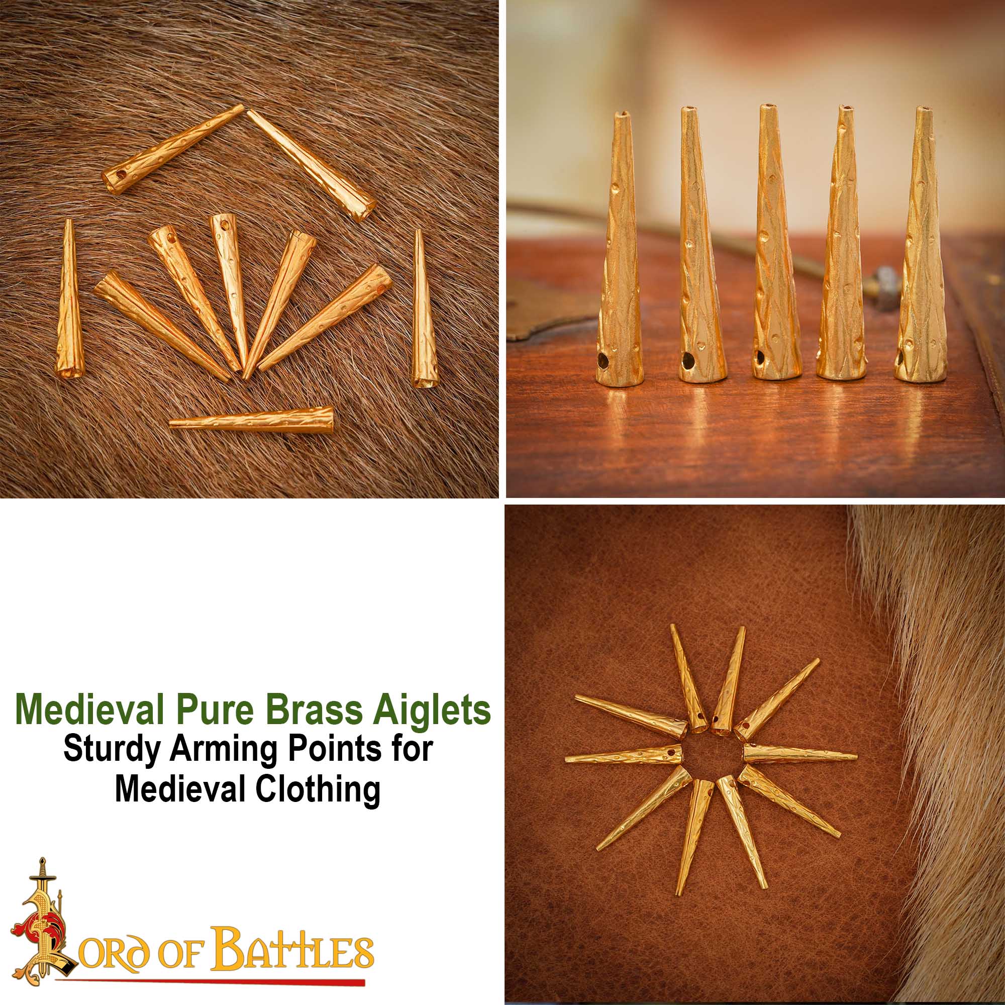 Medieval Clothing-7 Medieval Ornate Pure Solid Brass Aiglets Set of 10