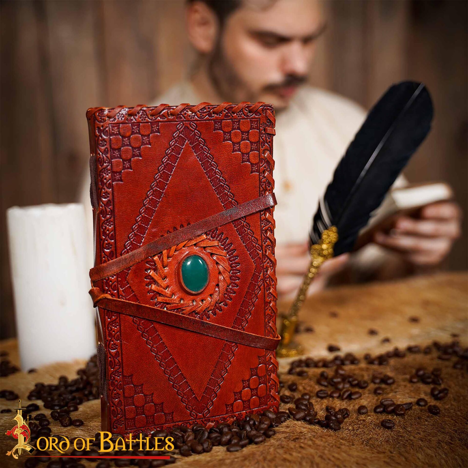 Medieval Leather Journal with Green Stone Handcrafted Vintage Diary-8604ABR Leather Journal