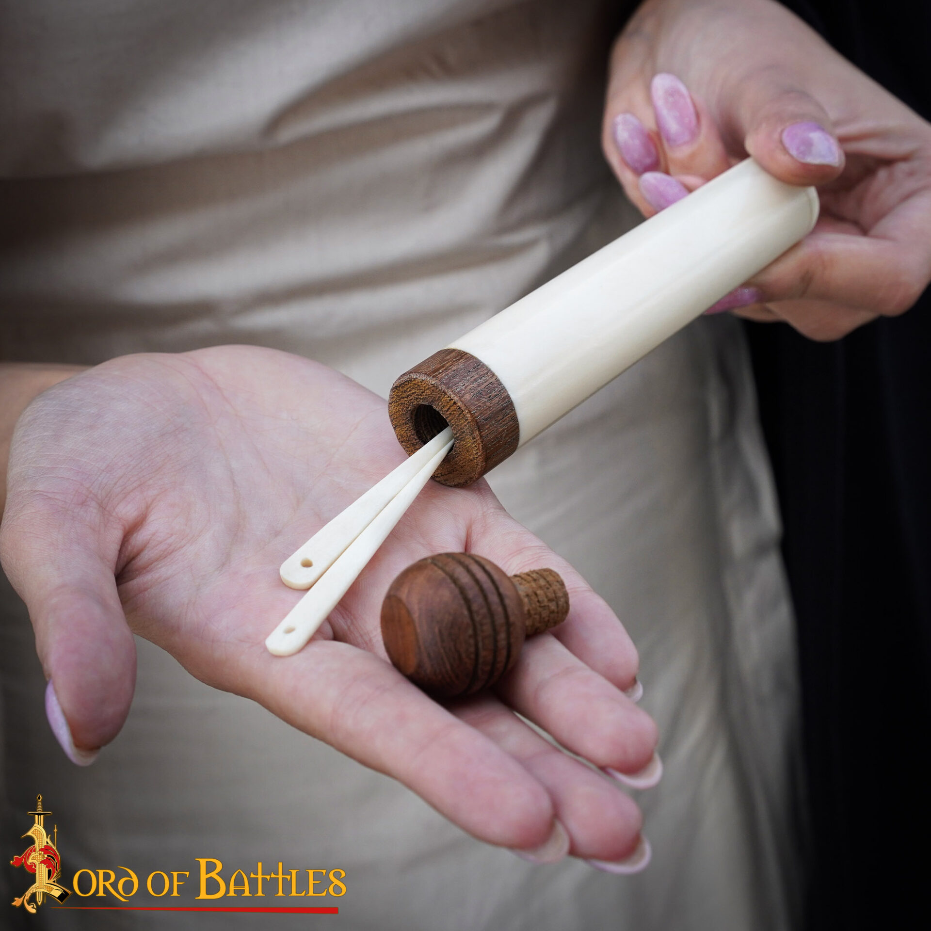 Medieval ox Bone Needle Holder with Wooden Lid– Handmade Craft Storage Tube needle holder
