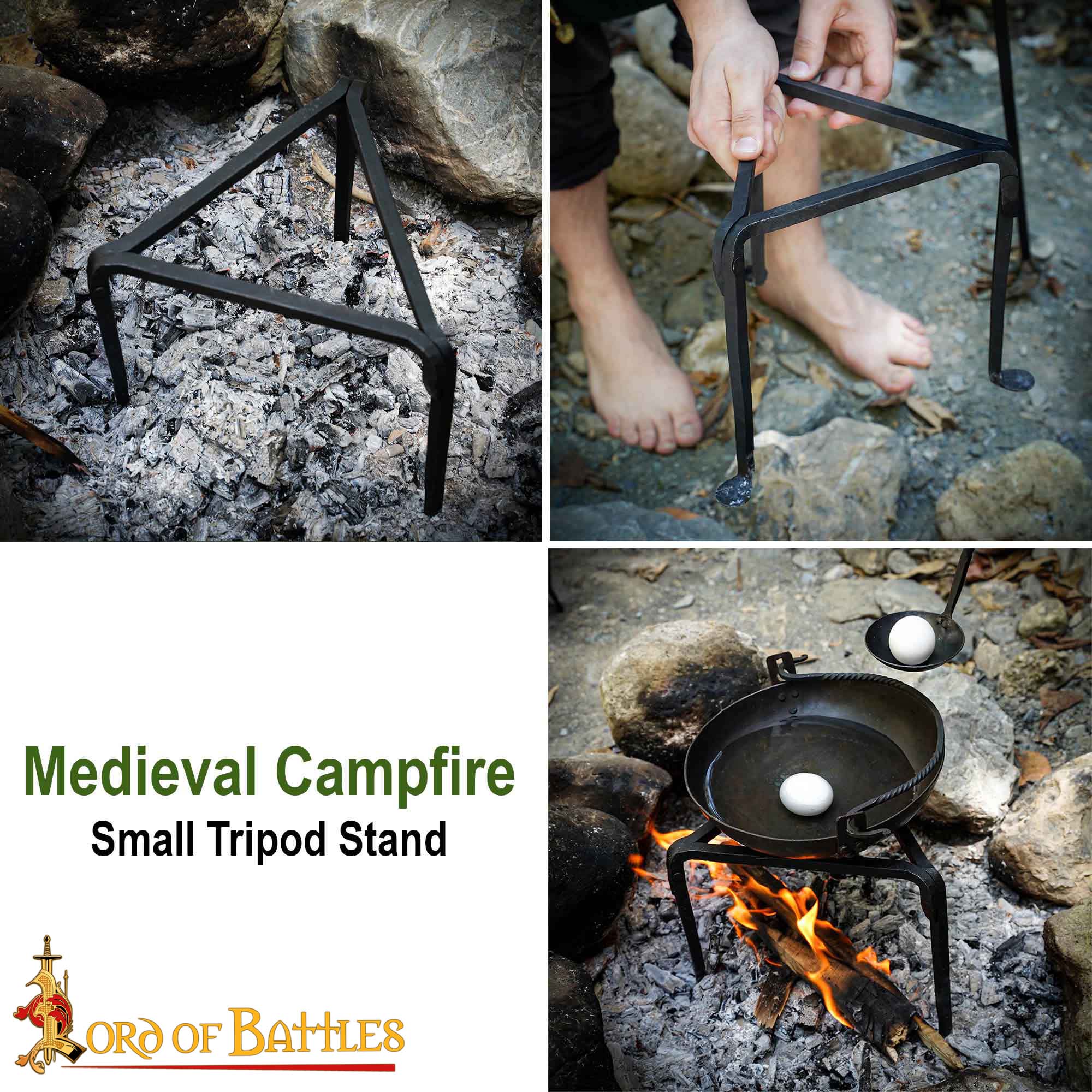 Medieval Campfire Small Tripod Stand Hand-Forged Iron Outdoor Cooking Accessory Tripod