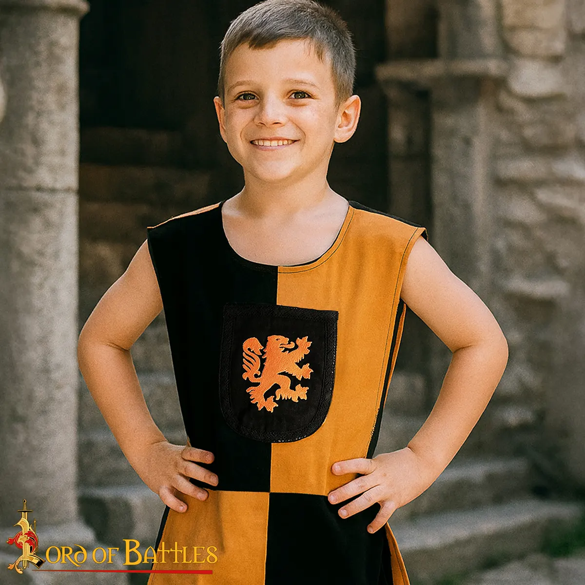 Medieval Kids Tabard with Embroidered Lion Crest Tunic – Black & Yellow Tunic for LARP, Fairs & Costume Play - Image 2