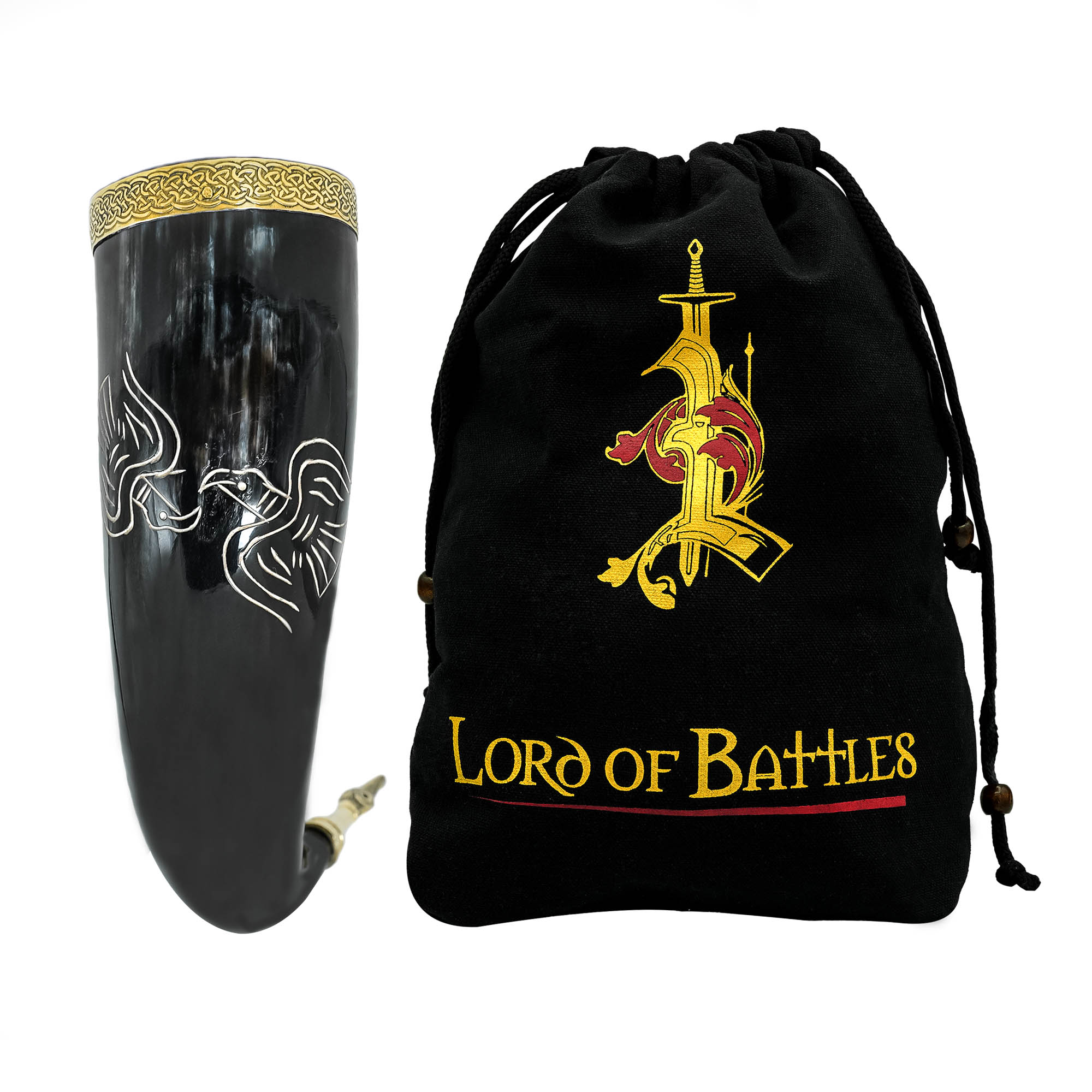 Engraved Twin Ravens Drinking Horn