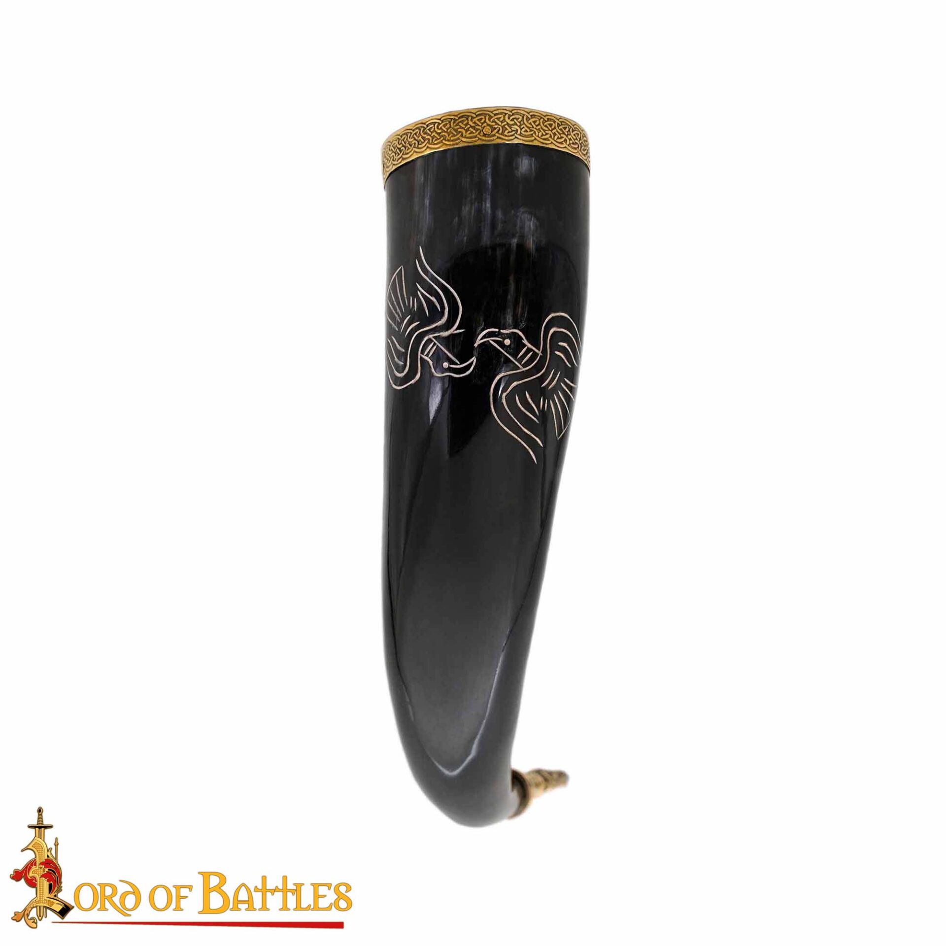 Engraved Twin Ravens Drinking Horn