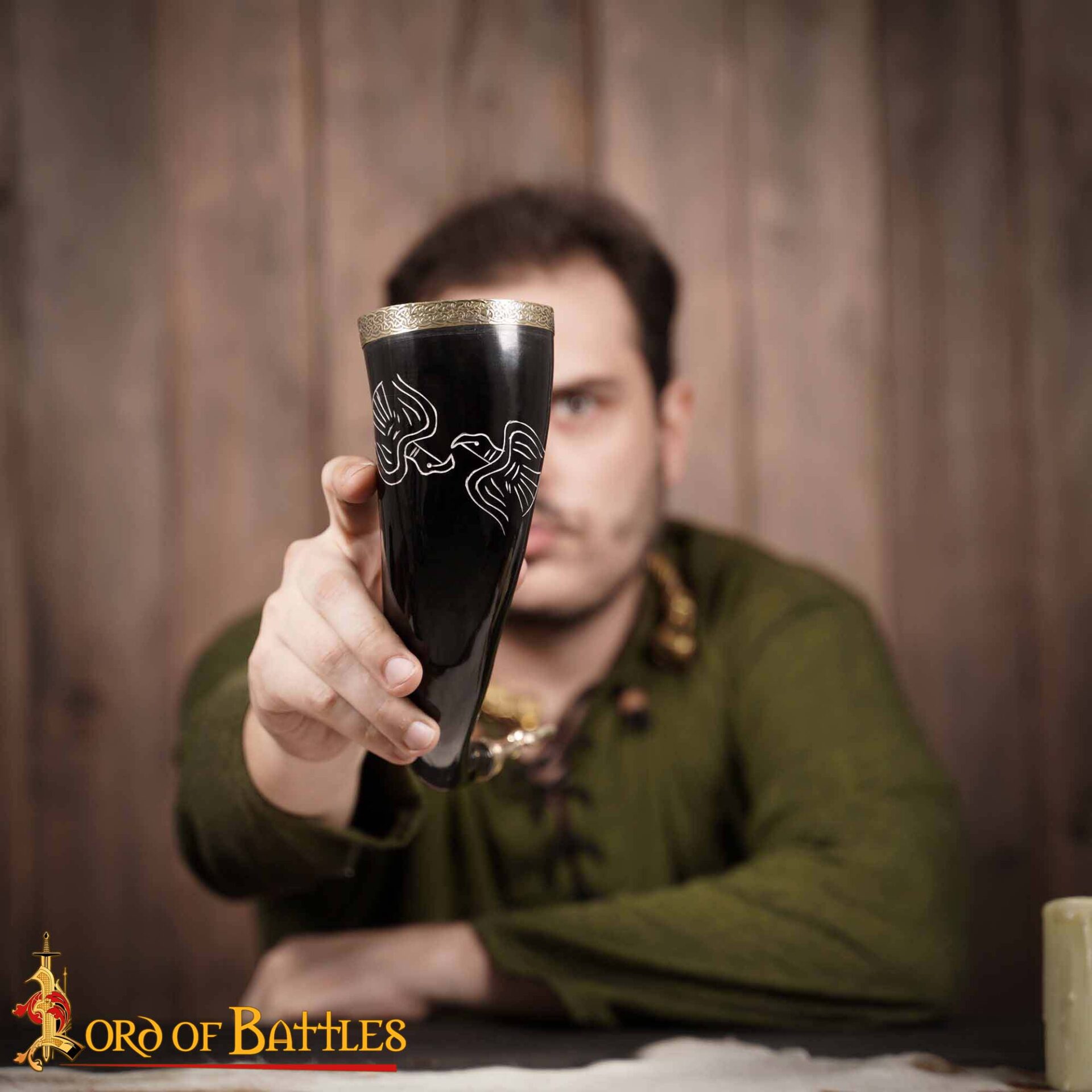 Engraved Twin Ravens Drinking Horn