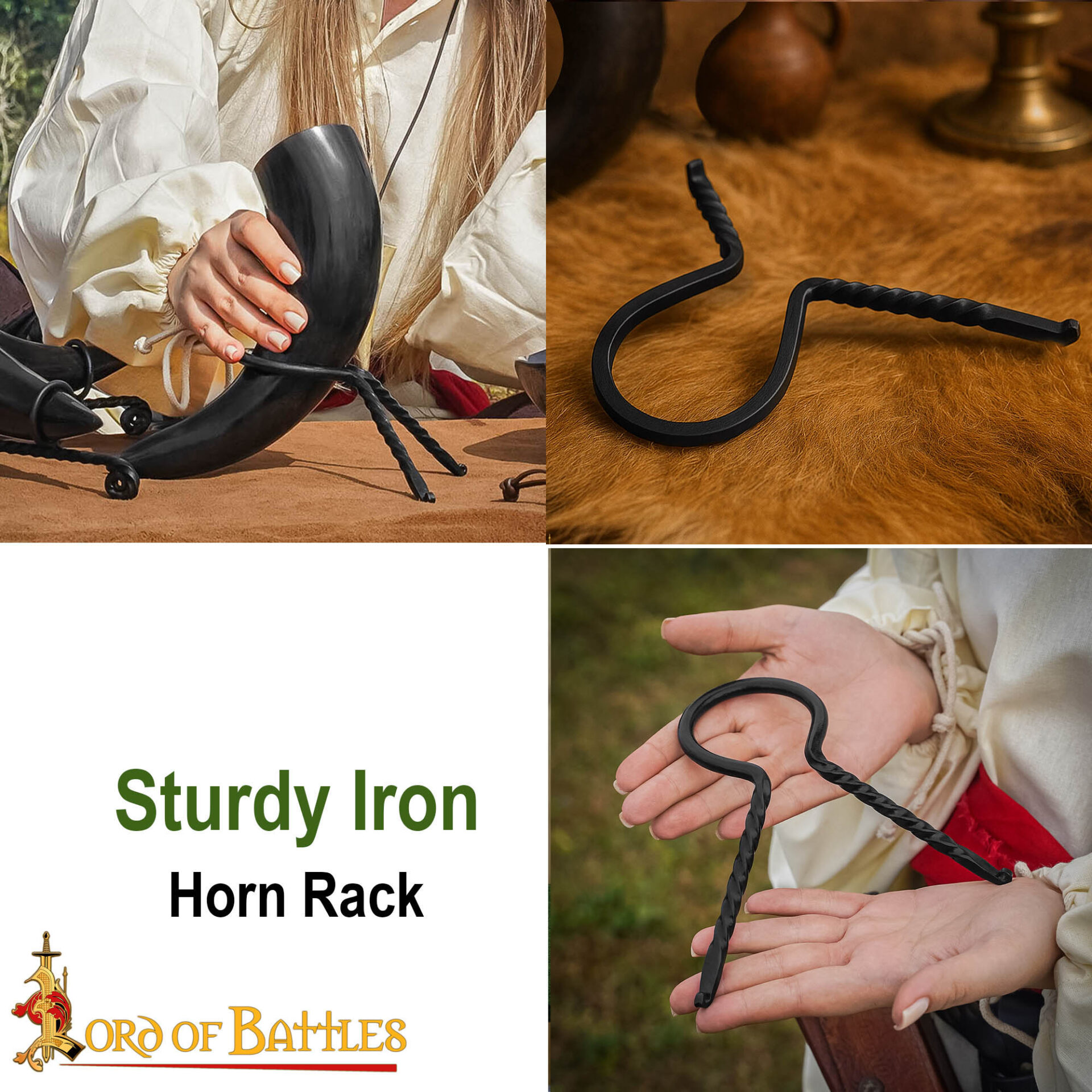 Hand-Forged Medieval Drinking Horn Stand – Twisted Iron Display Holder drinking horn stand