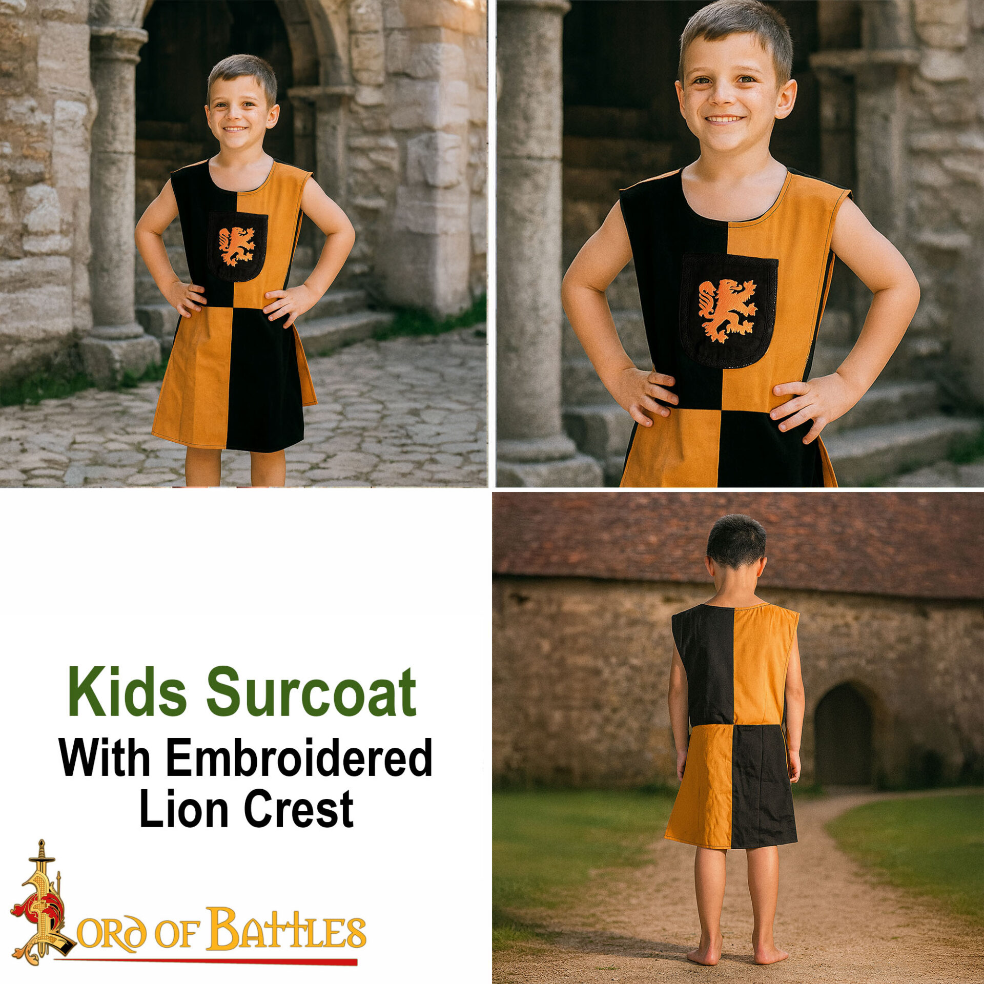 Medieval Kids Tabard with Embroidered Lion Crest Tunic-25854 6 Heraldic Surcoat Tabard