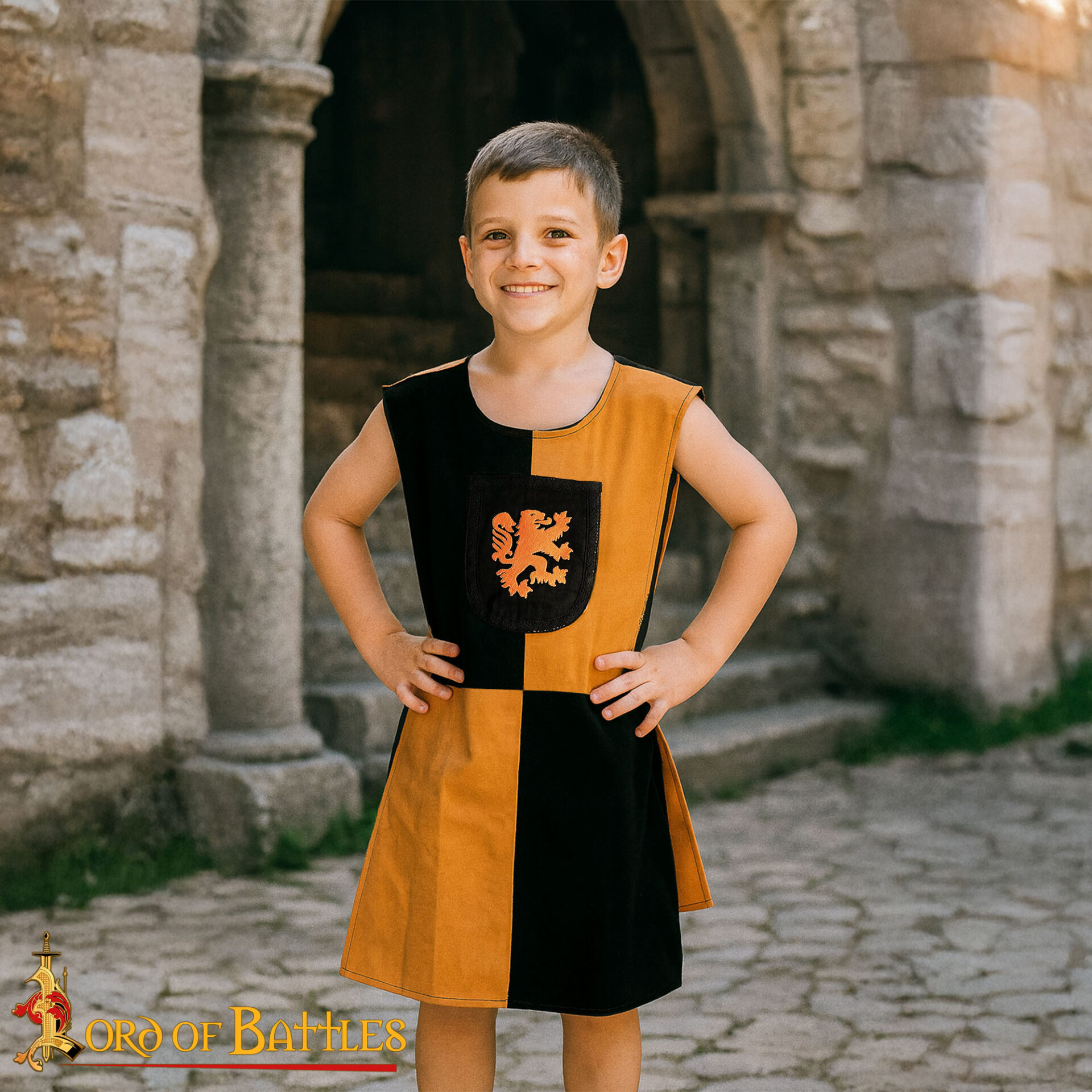 Medieval Kids Tabard with Embroidered Lion Crest Tunic-25854 Heraldic Surcoat Tabard