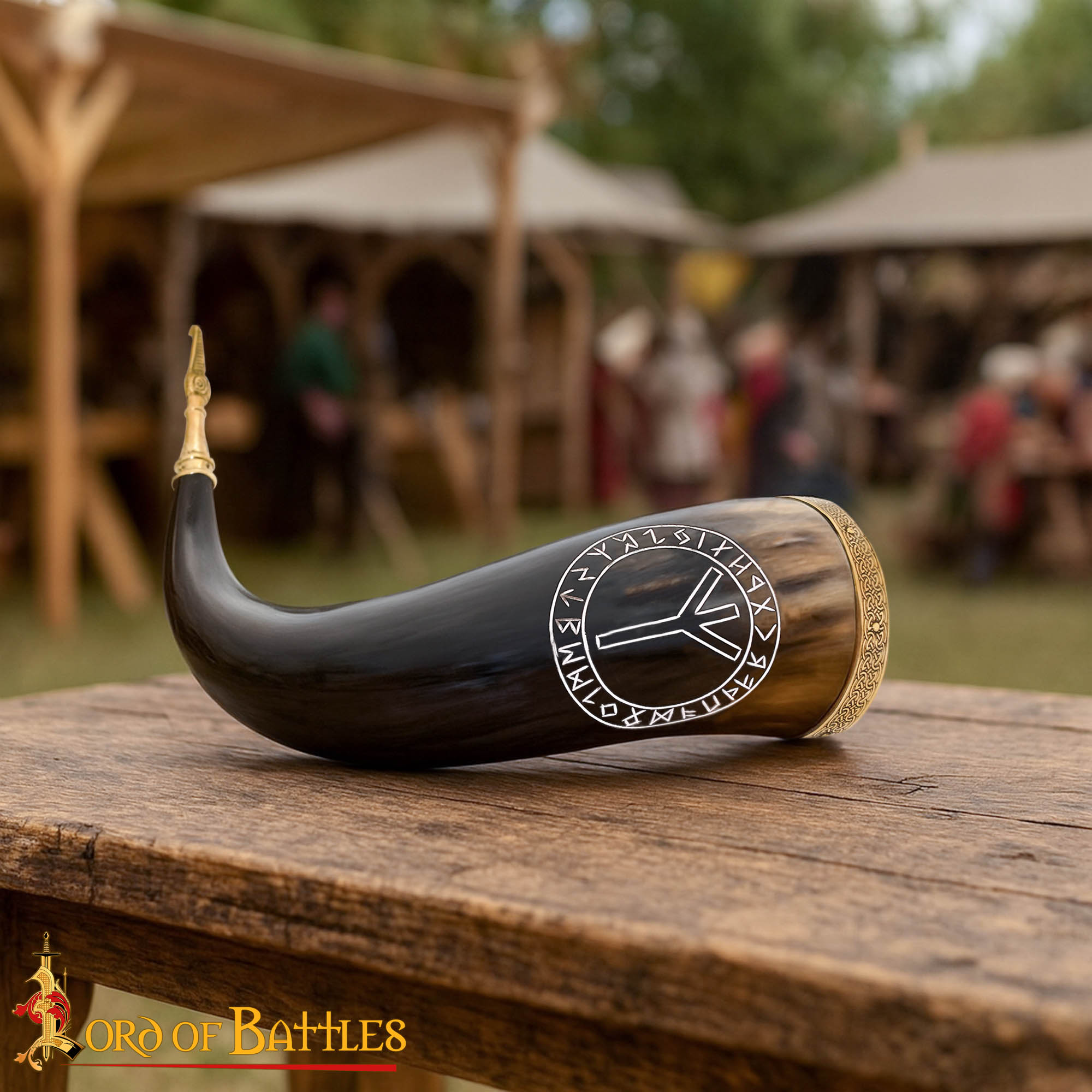 Viiking Drinking Horn Algiz rune with Brass tip and Rim-60622 4 Viking Drinking Horn