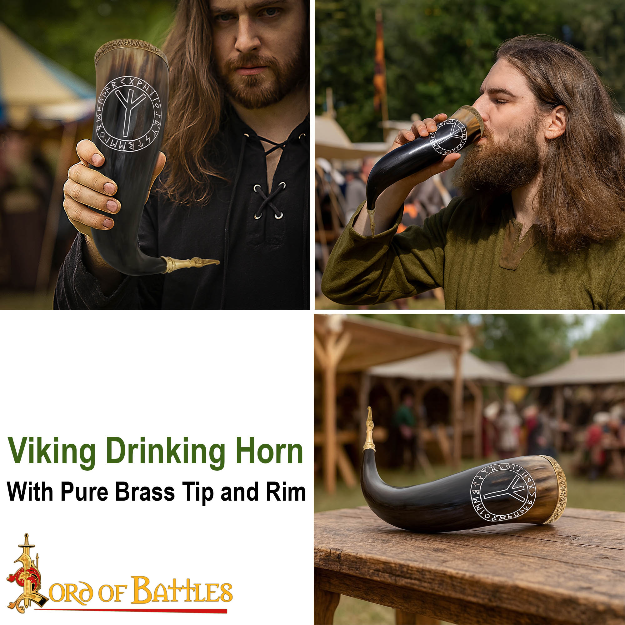 Viiking Drinking Horn Algiz rune with Brass tip and Rim-60622 6 Viking Drinking Horn