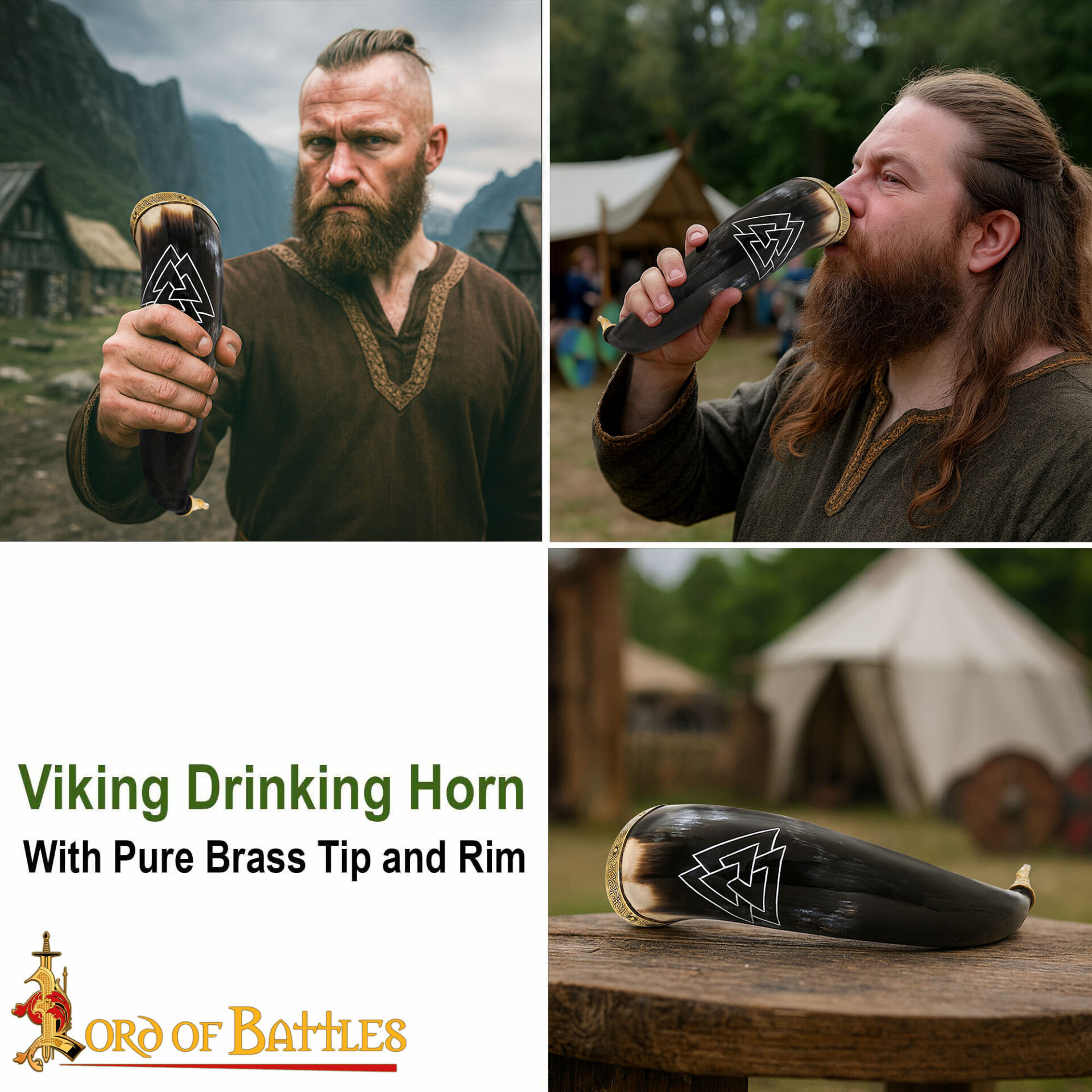Viking rinking Horn valknut engraving wth brass tip and rim-60544 6 Viking Drinking Horn