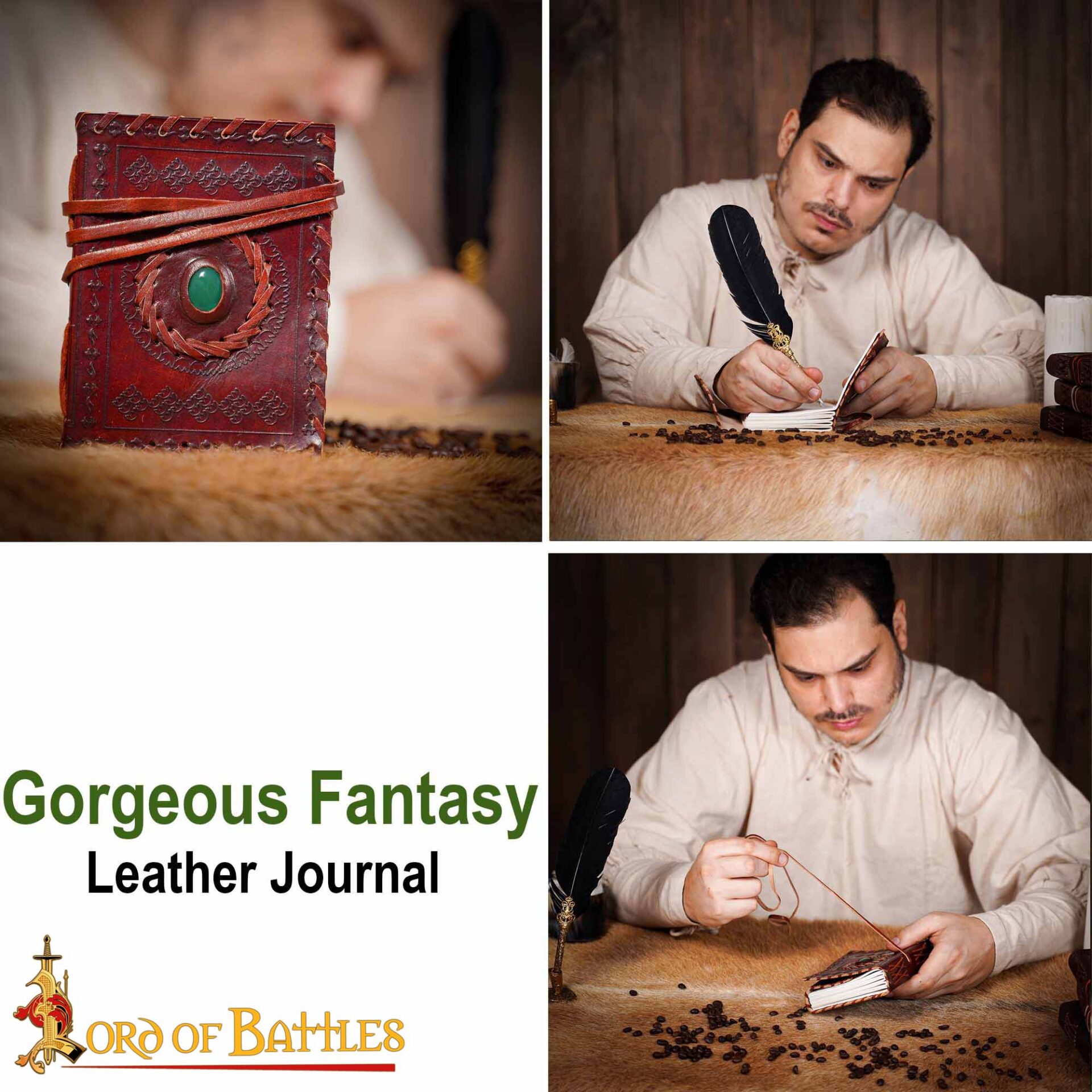 Medieval Leather Journal – Handmade Genuine Leather Diary with Embedded Stone & Handmade Paper, Vintage Notebook for Writing, Calligraphy & Gifting Medieval Leather Journal