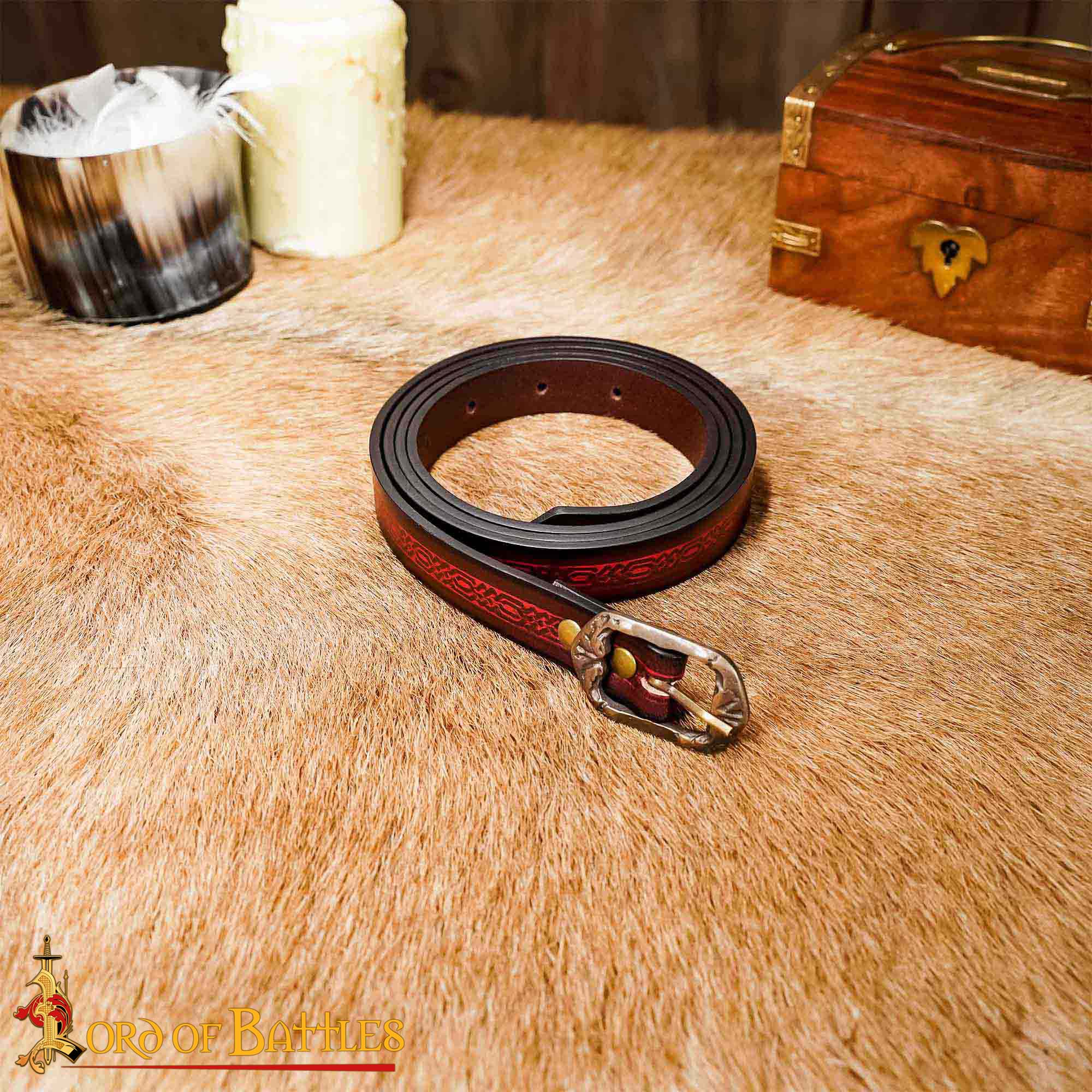 14th Century Medieval Maroon Leather Belt with Brass Buckle-26063M 1 Medieval Leather Belt