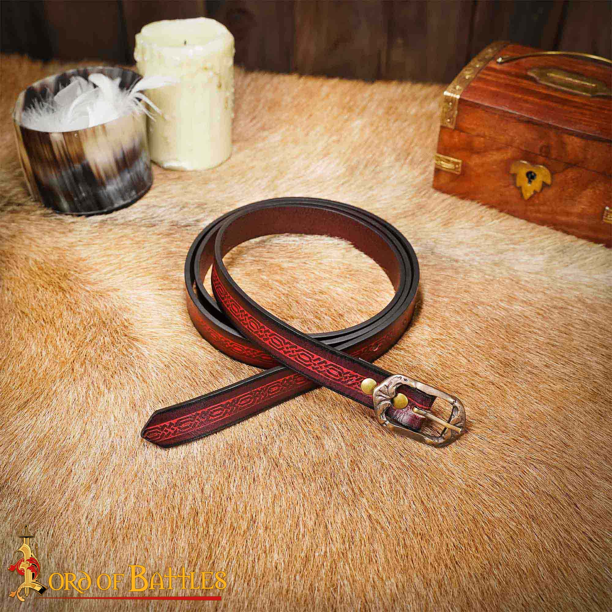 14th Century Medieval Maroon Leather Belt with Brass Buckle-26063M Medieval Leather Belt