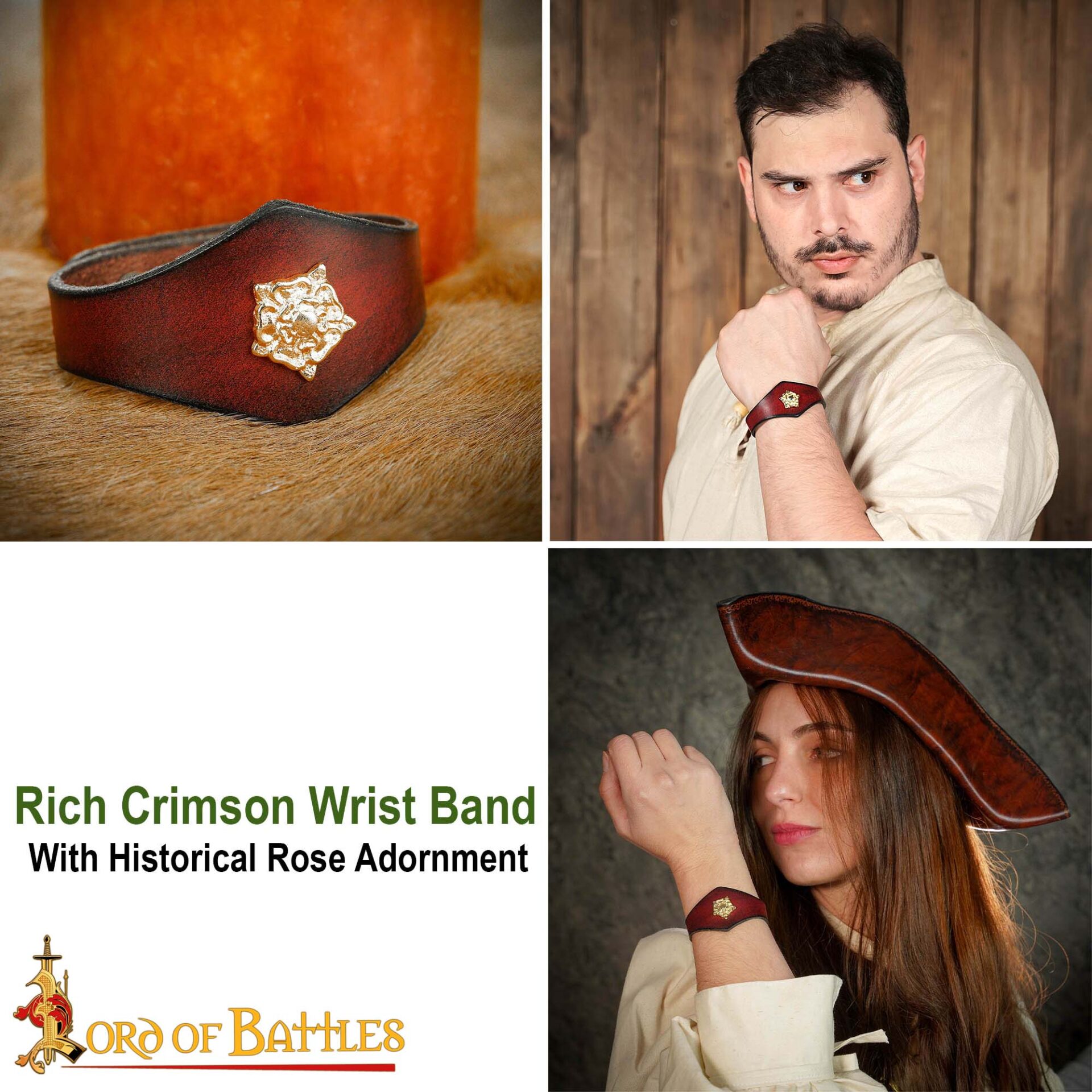 Handcrafted Leather Wrist Band with Tudor Rose Adornment