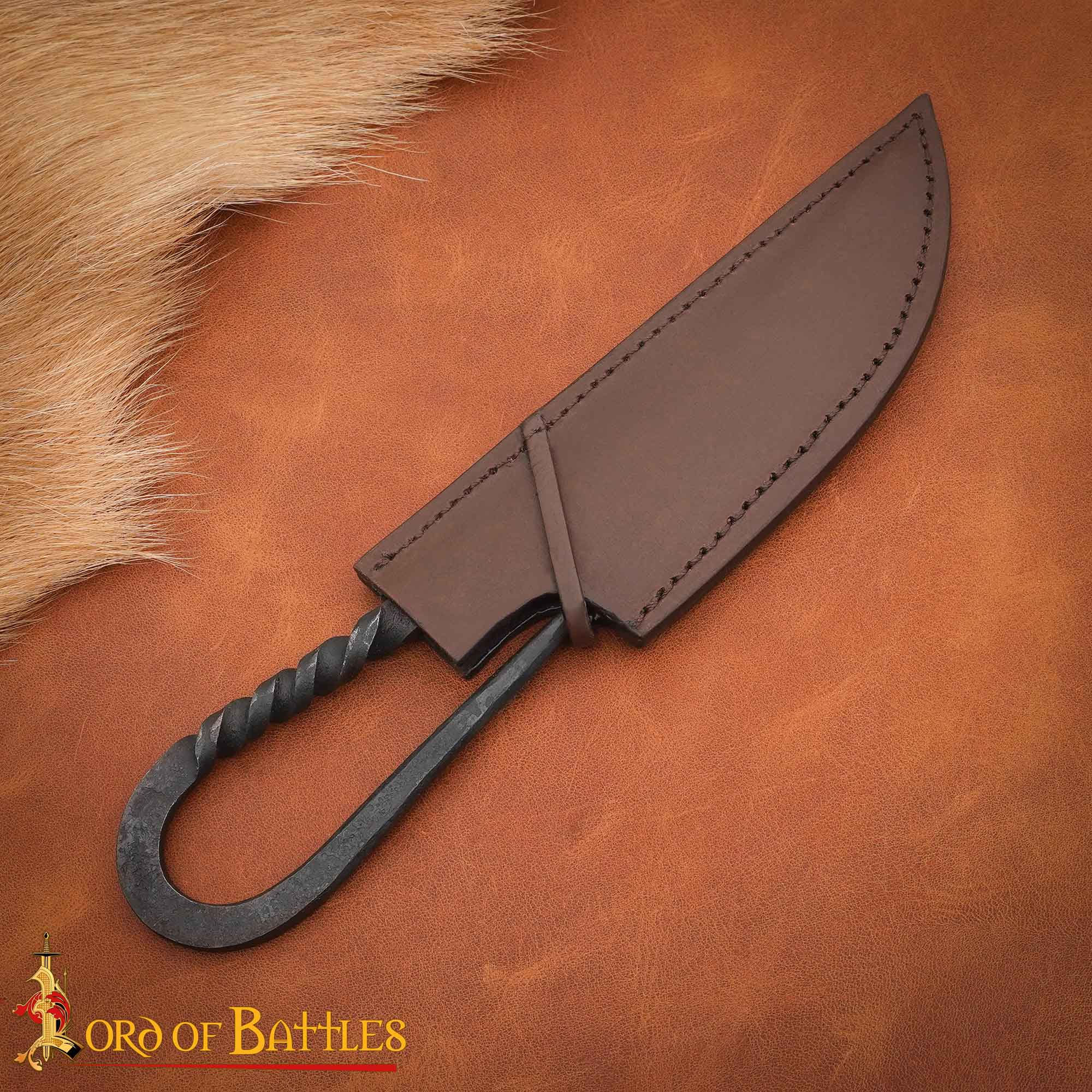 Authentic Viking Hand-Forged Iron Knife – Twisted Handle with Genuine Leather Scabbard Knife