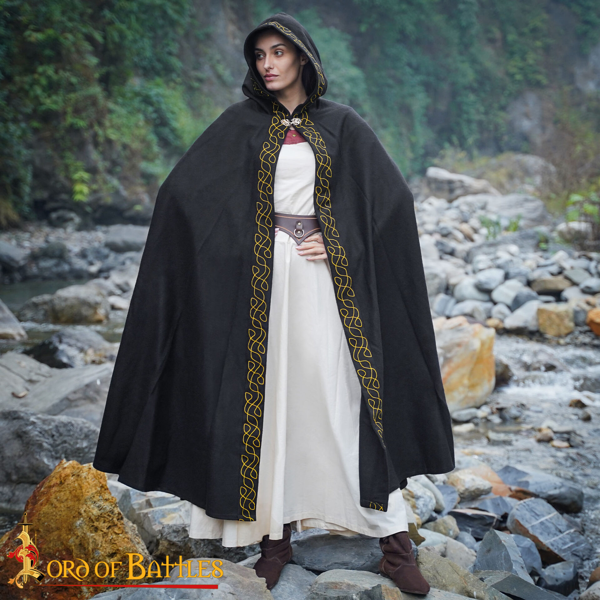 Medieval Wool Cloak with Hood- Wool, Gold Embroidered Trim Hooded woolen elfic cape