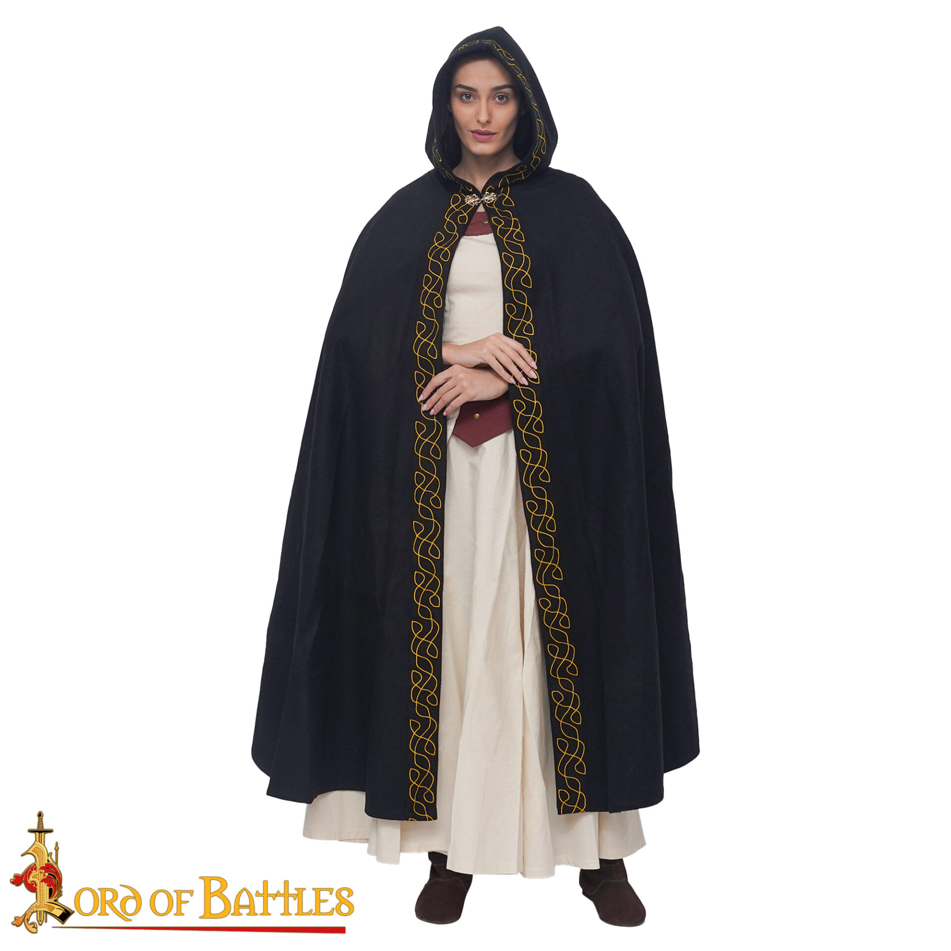 Medieval Wool Cloak with Hood- Wool, Gold Embroidered Trim Hooded woolen elfic cape