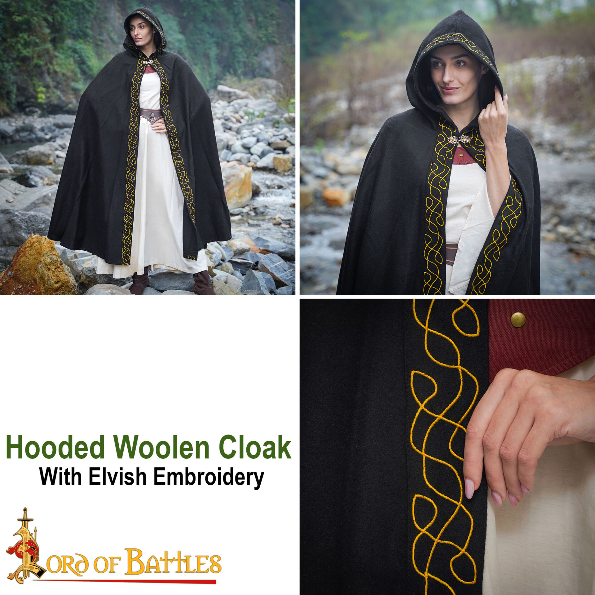 Medieval Wool Cloak with Hood- Wool, Gold Embroidered Trim Hooded woolen elfic cape