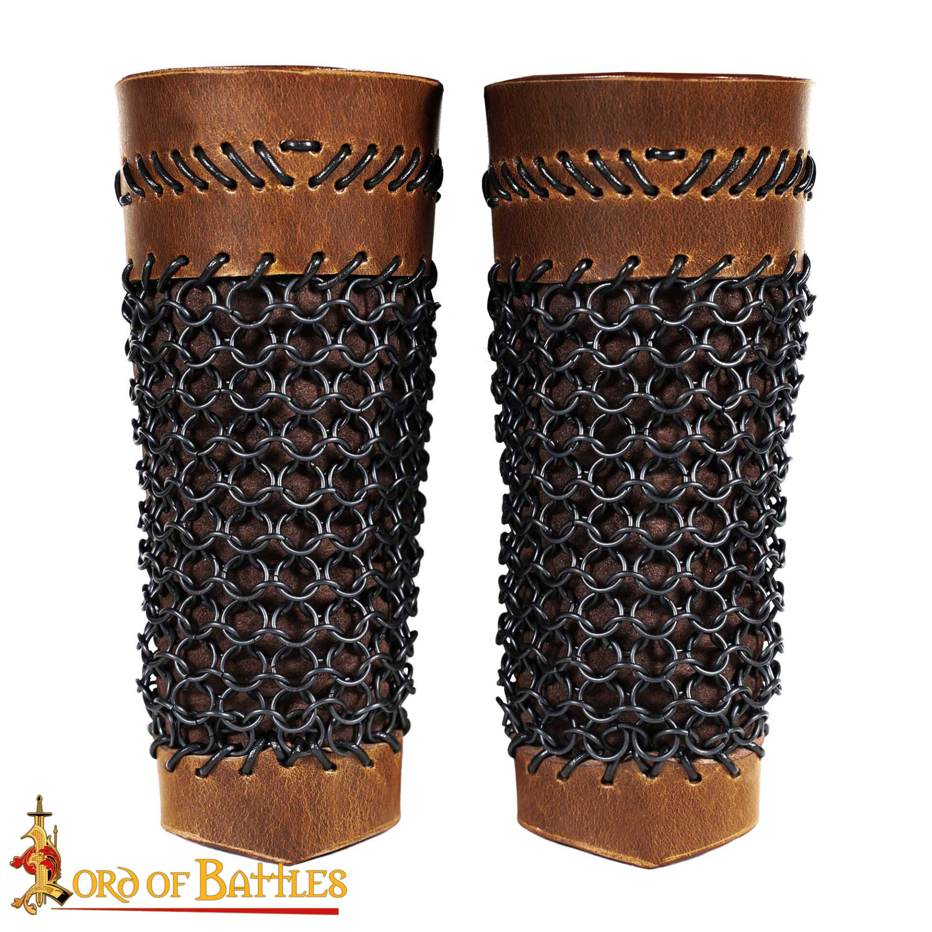 Monster Hunting Leather Bracers with Stitched Design & Blackened Chainmail – Medieval Fantasy Armor monster hunting leather bracers