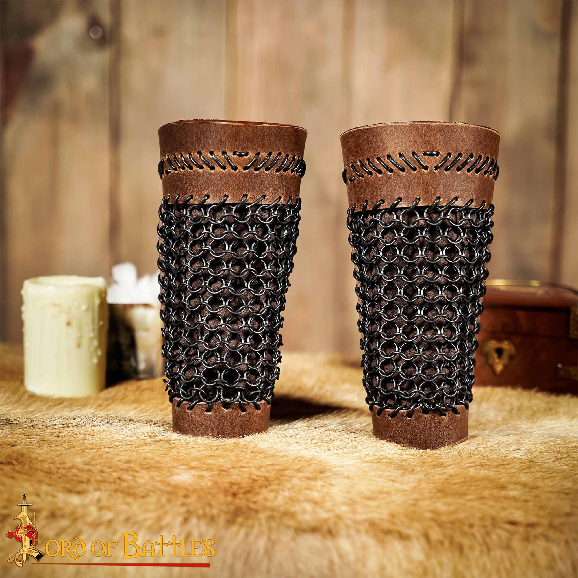 Monster Hunting Leather Bracers with Stitched Design & Blackened Chainmail – Medieval Fantasy Armor monster hunting leather bracers
