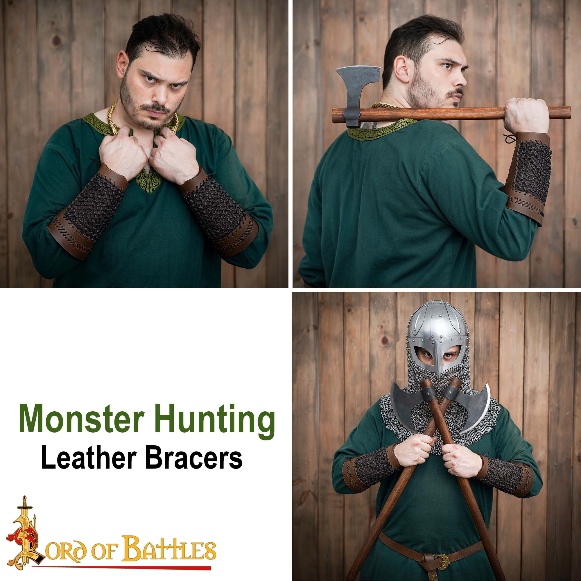Monster Hunting Leather Bracers with Stitched Design & Blackened Chainmail – Medieval Fantasy Armor monster hunting leather bracers