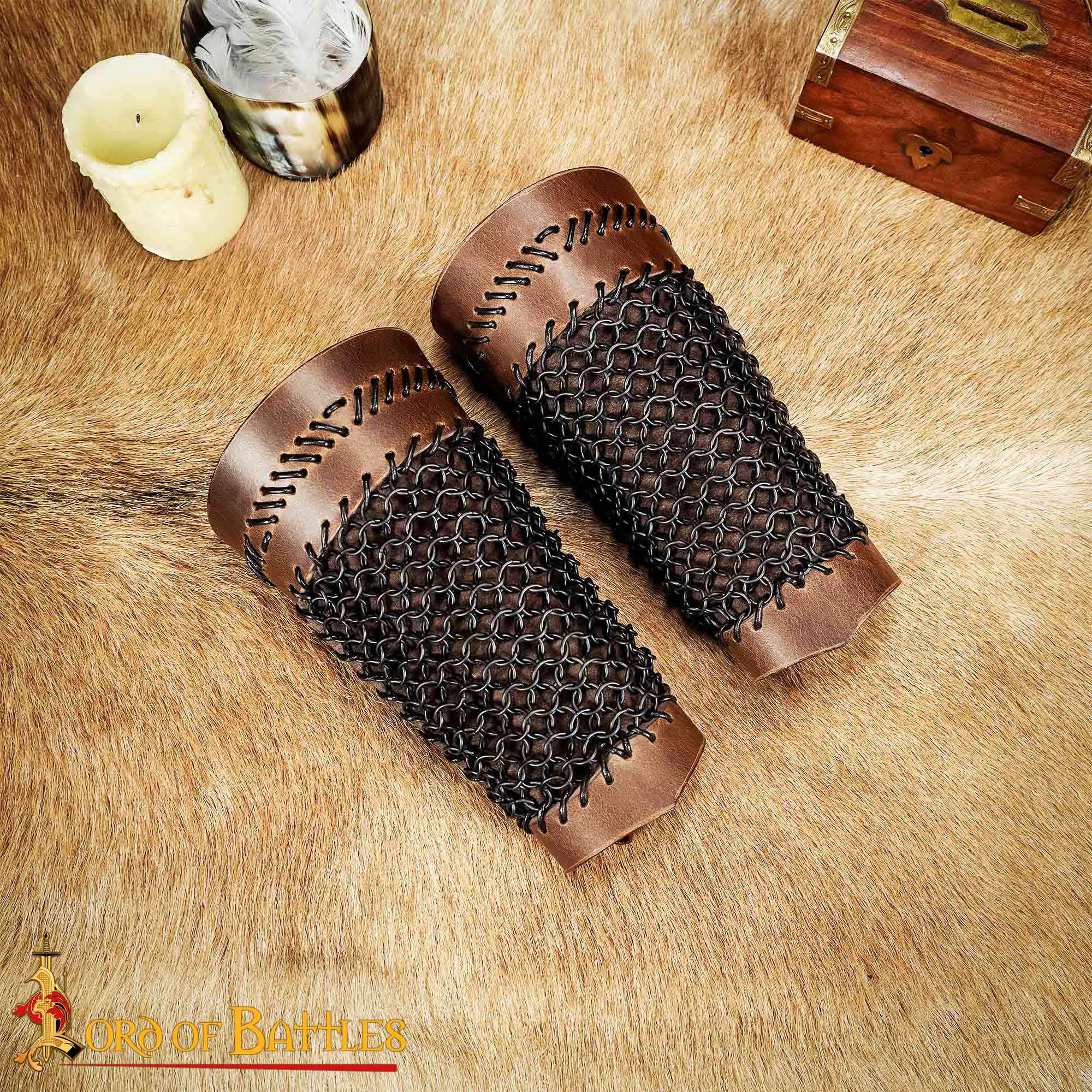 Monster Hunting Leather Bracers with Stitched Design & Blackened Chainmail – Medieval Fantasy Armor monster hunting leather bracers