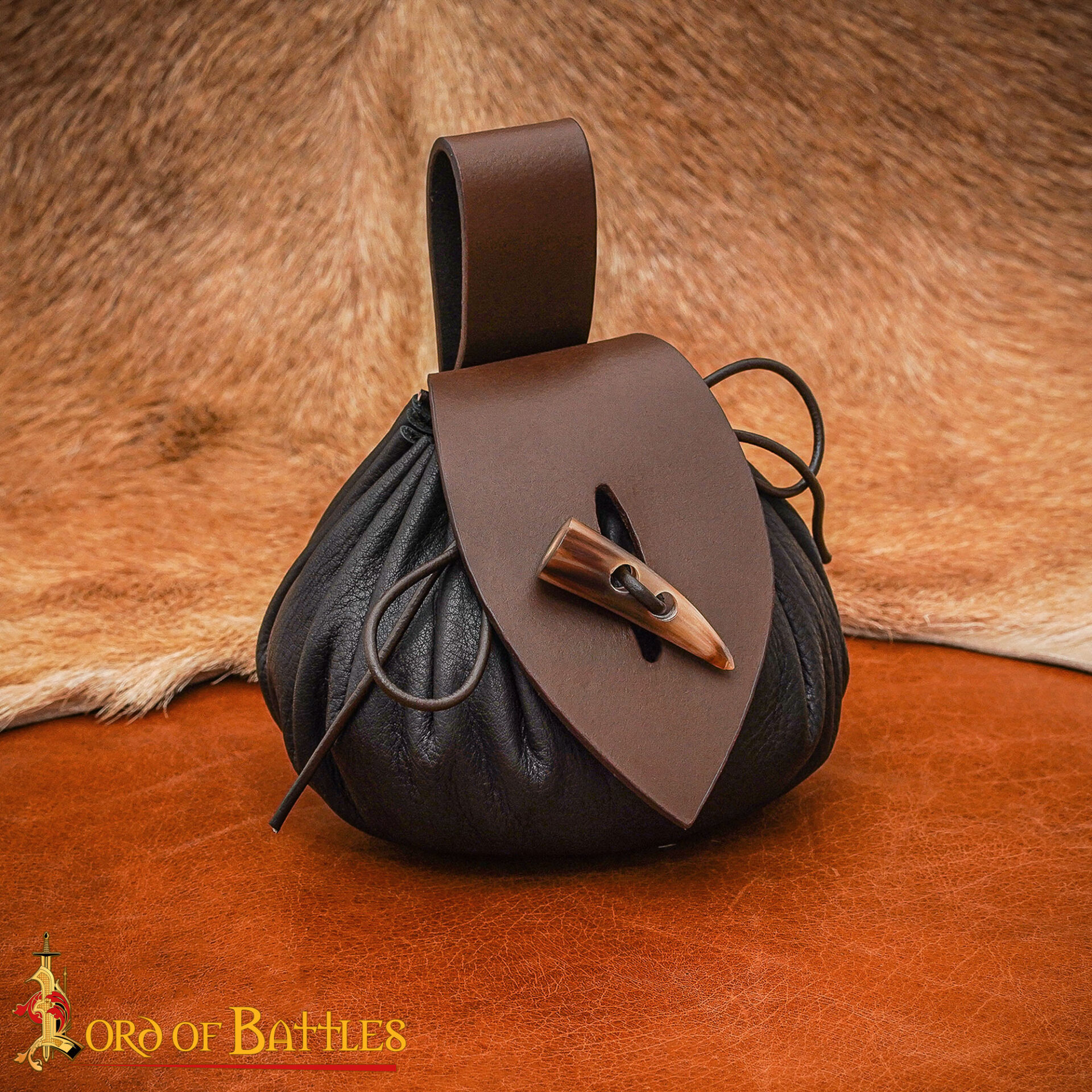 14th Century Medieval Leather Drawstring Belt Pouch with Horn Toggle Closure – Historical Coin and Accessory Bag for Reenactment and LARP-25843CBR 1 Medieval Handcrafted Leather Belt Pouch