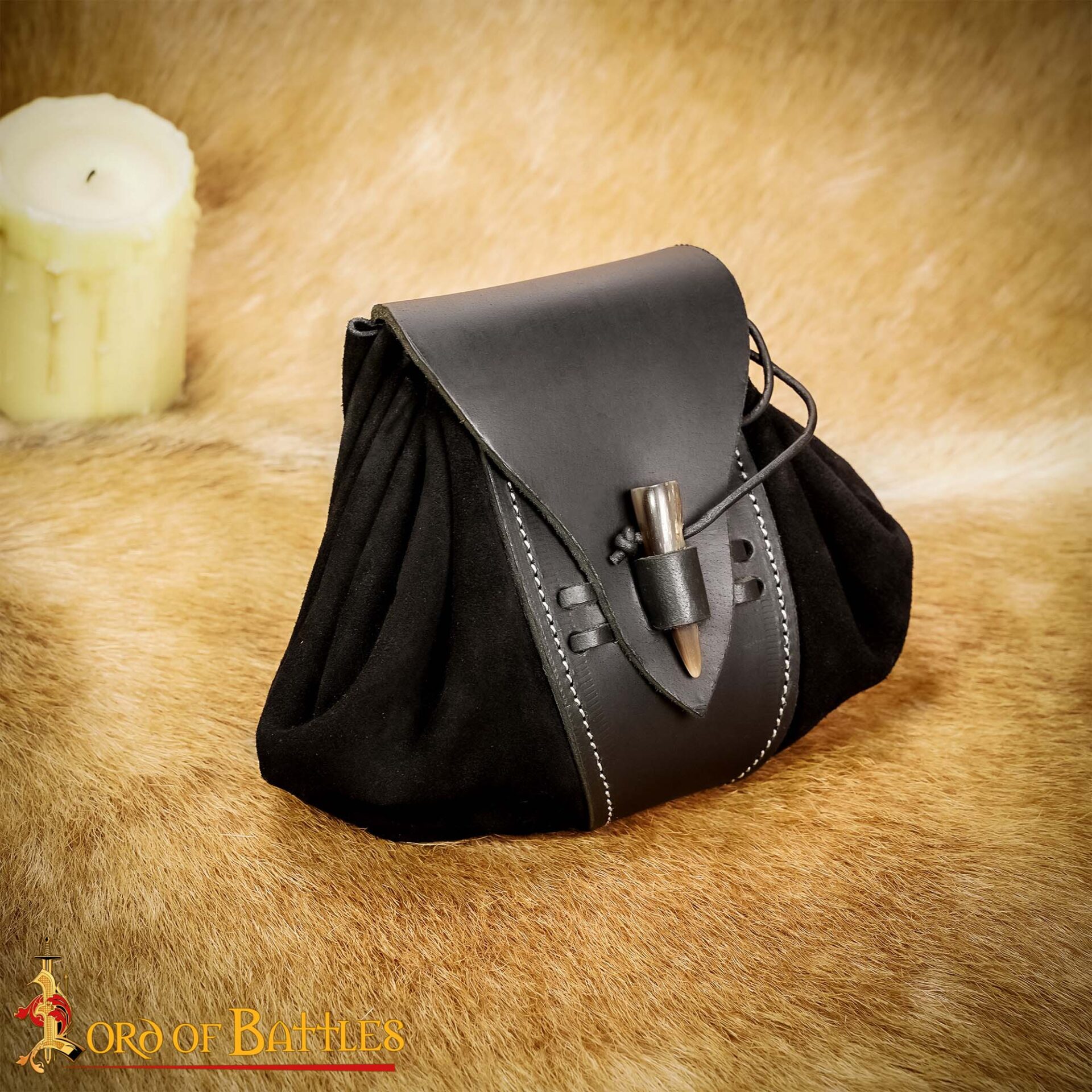 14th Century Medieval Suede Leather Drawstring Belt Pouch with Horn Toggle-25839BK Medieval Leather Belt Pouch