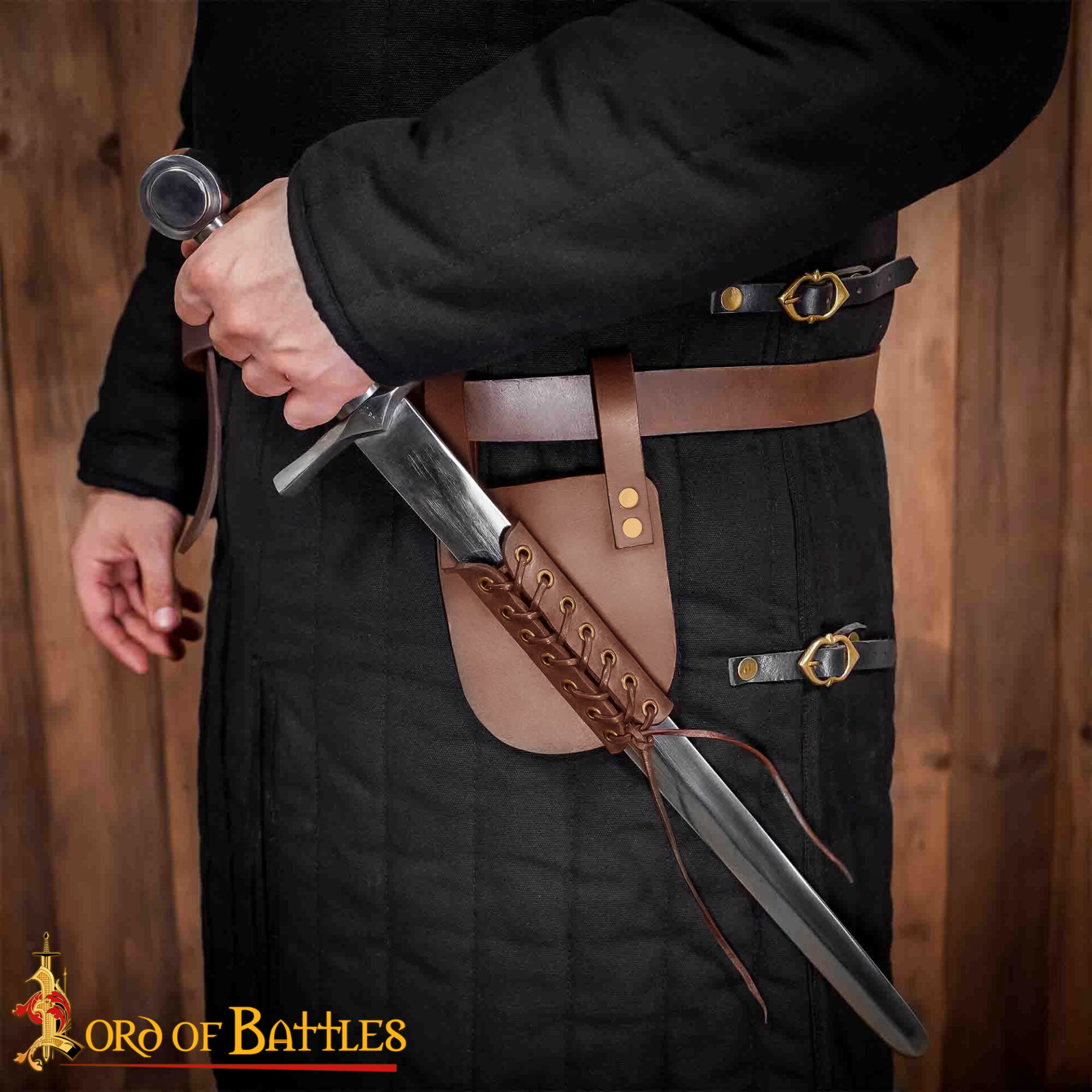 15th Century Medieval Leather Frog – Medieval Sword & Dagger Holder-26198CBR-RH Adjustable Leather Sword Frog – Cross Draw | Black & Brown Belt Mount